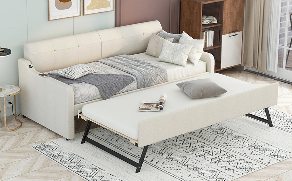 Twin Size Upholstery Daybed with Trundle and USB Charging Design