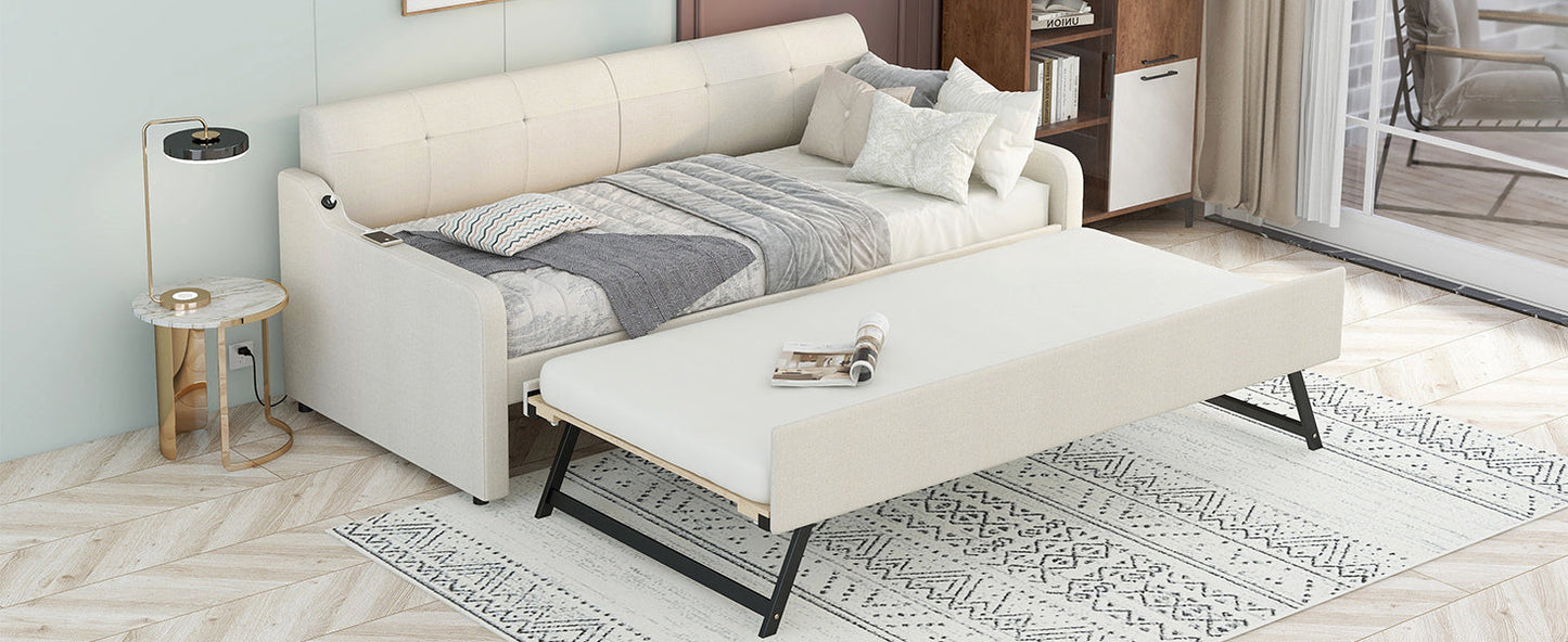 Twin Size Upholstery Daybed with Trundle and USB Charging Design