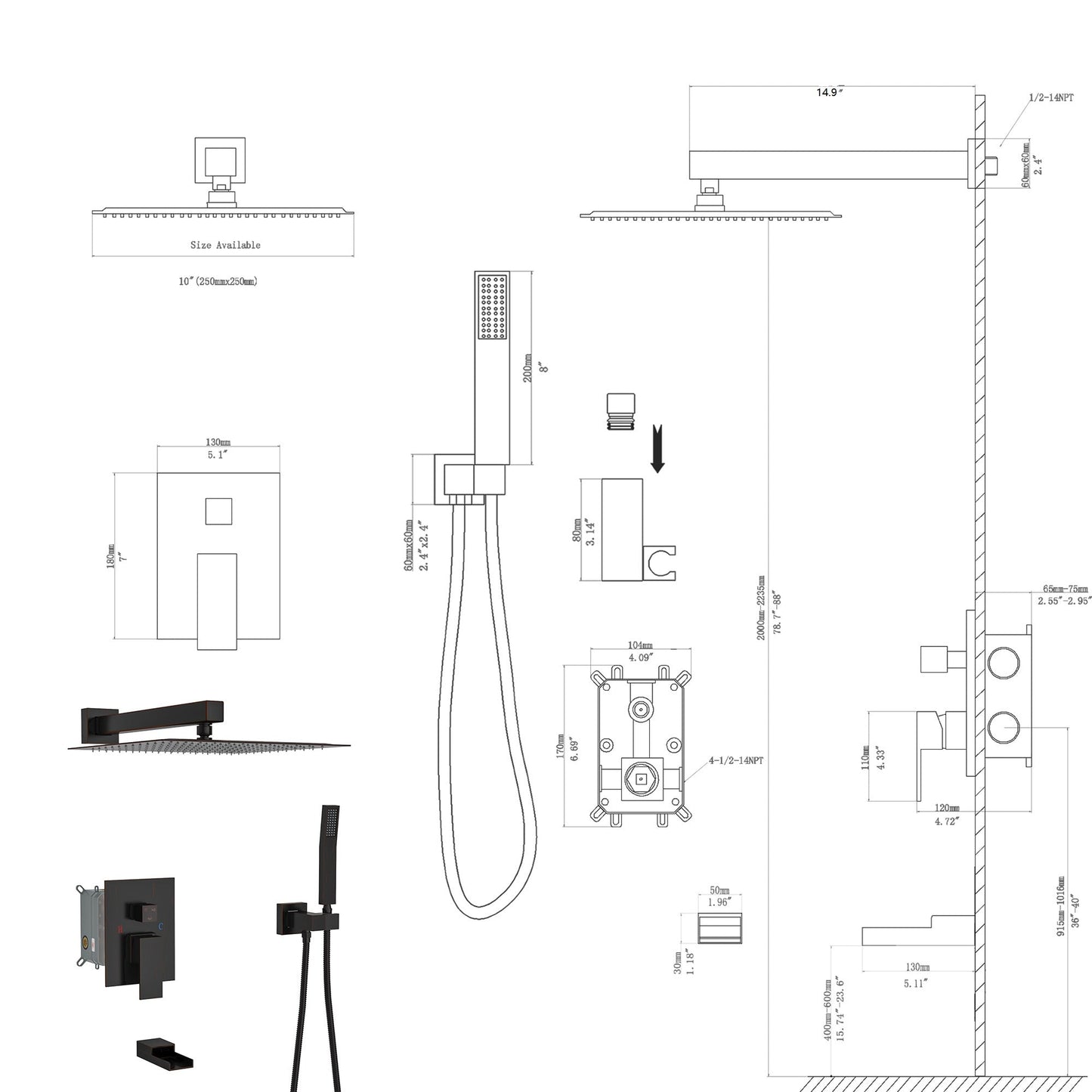 Shower System with Waterfall Tub Spout