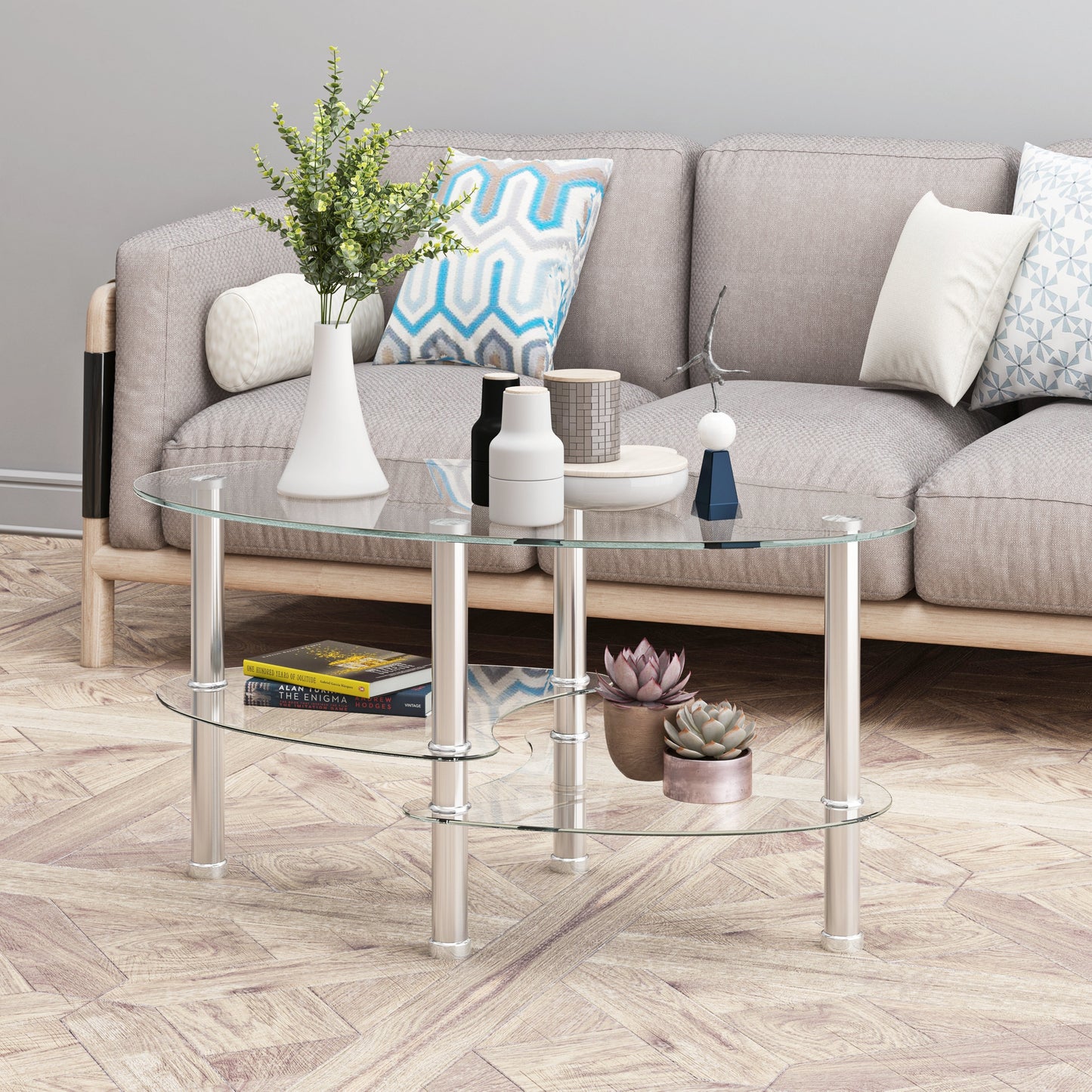 Transparent Oval Glass Coffee Table
