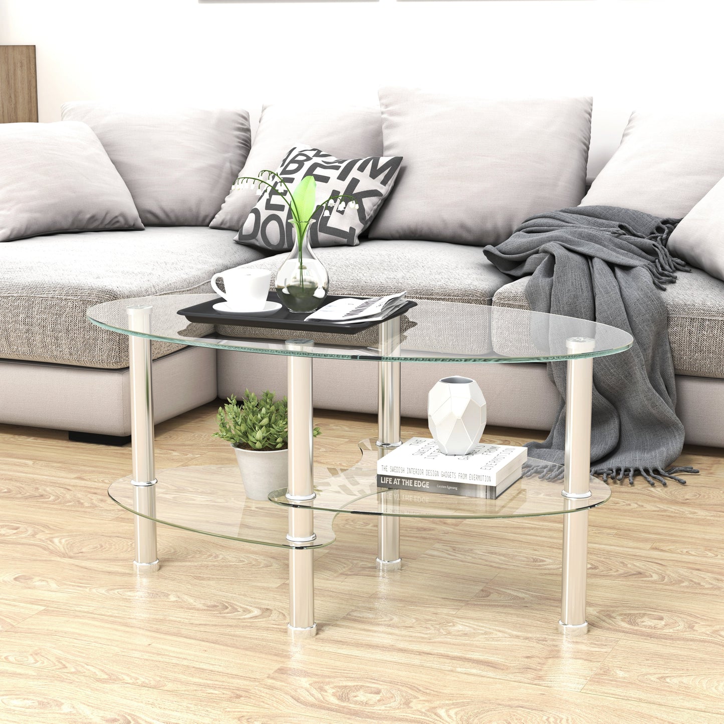 Transparent Oval Glass Coffee Table