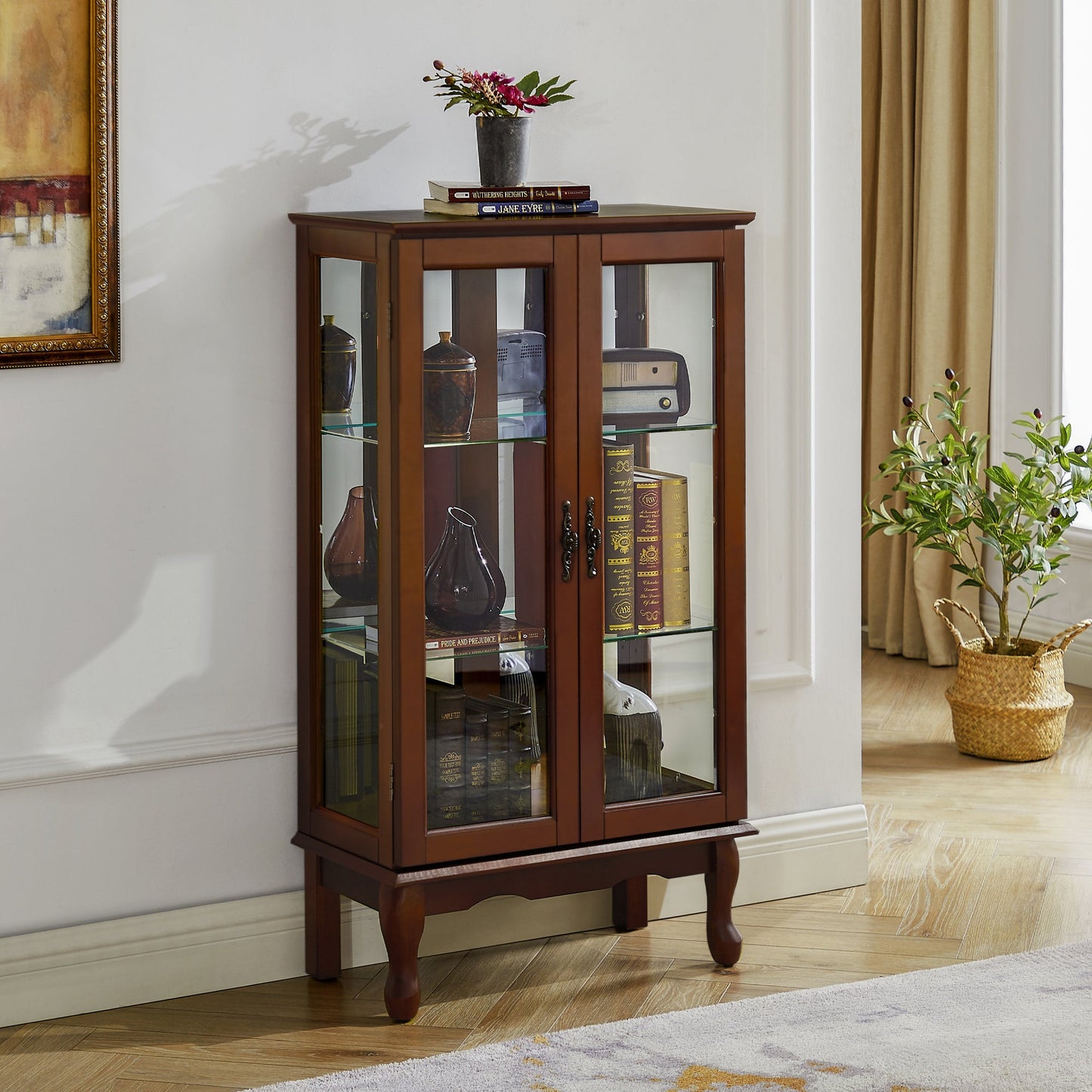 Lighted Curio Cabinet with Adjustable Shelves and Mirrored Back Panel