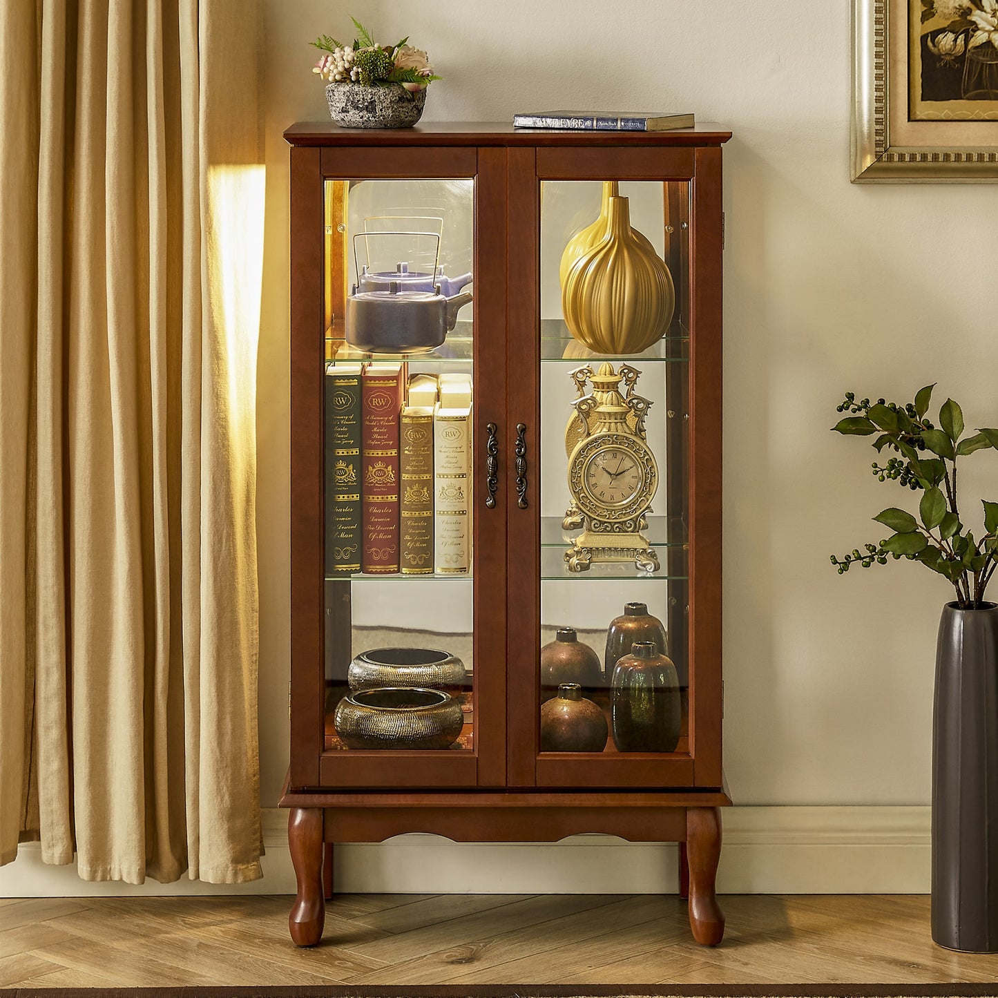 Lighted Curio Cabinet with Adjustable Shelves and Mirrored Back Panel