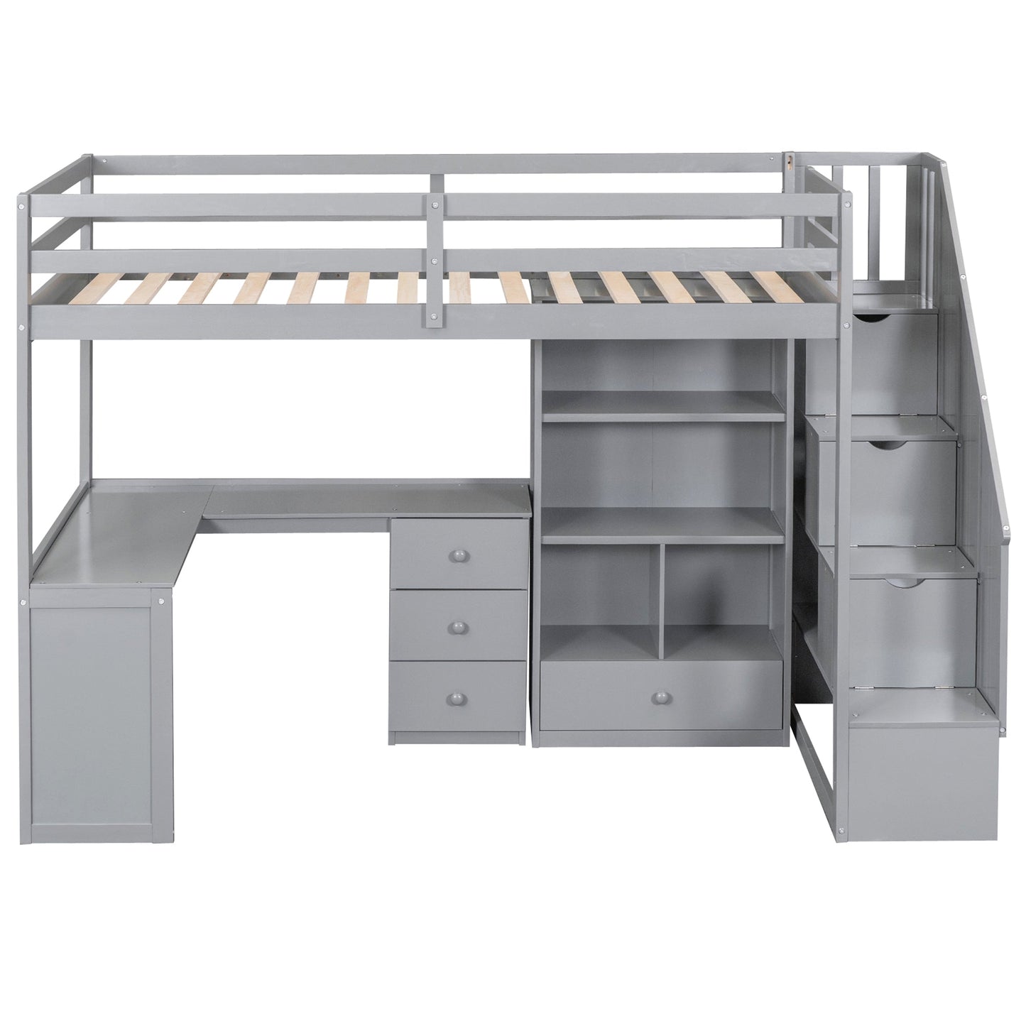 Twin Size Loft Bed with L-Shaped Desk and Drawers