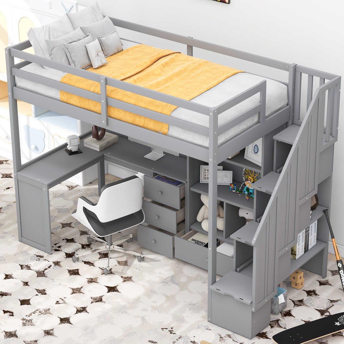 Twin Size Loft Bed with L-Shaped Desk and Drawers