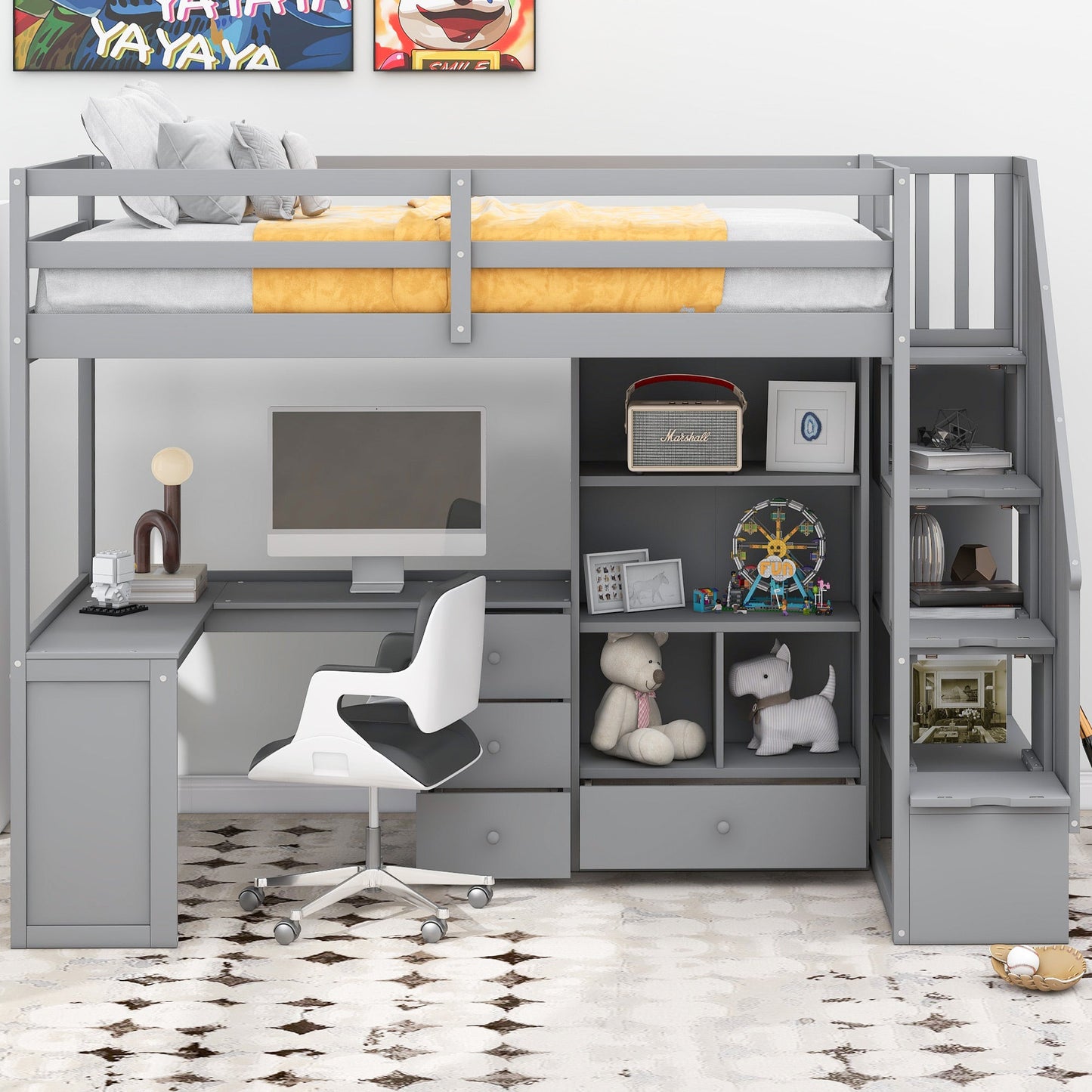 Twin Size Loft Bed with L-Shaped Desk and Drawers