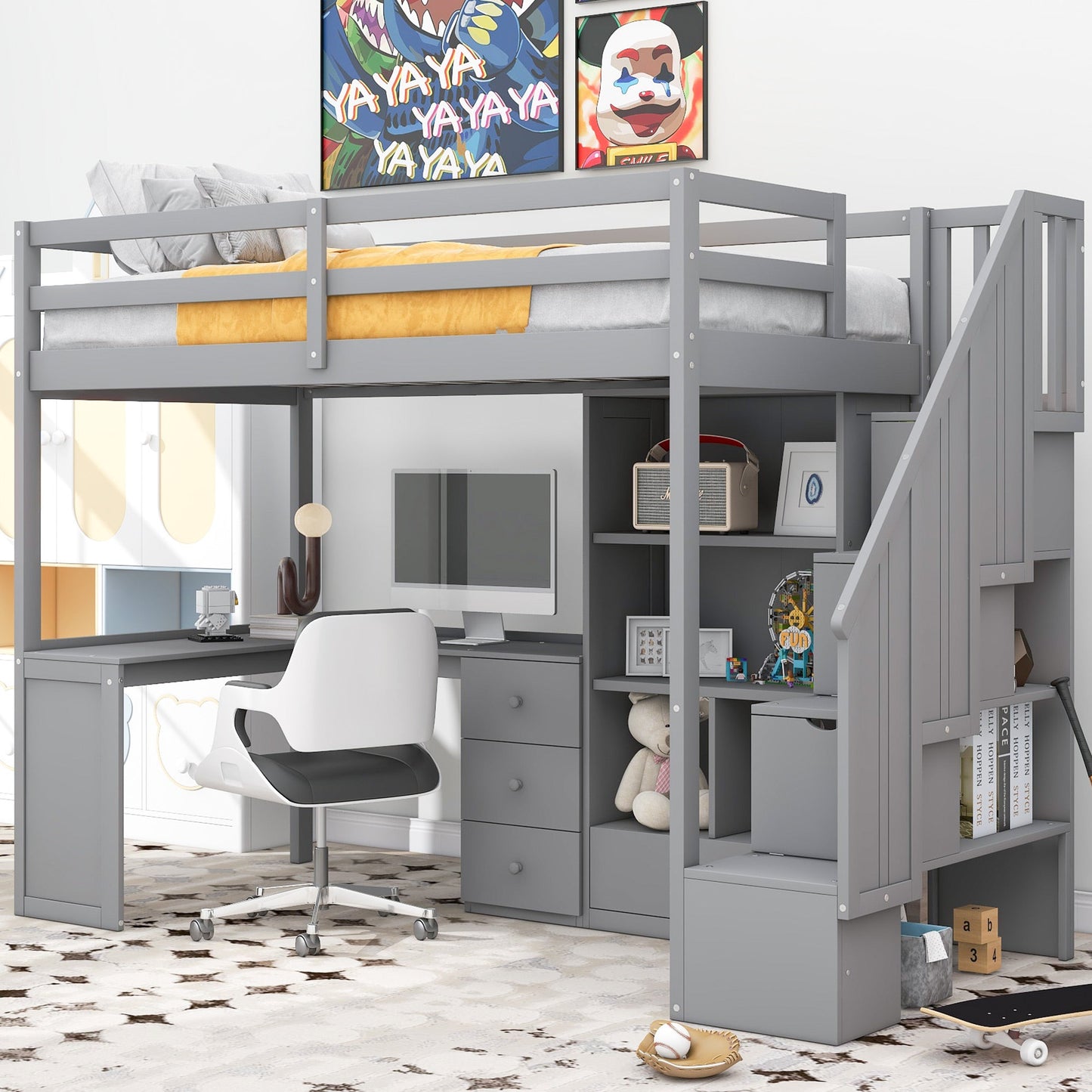 Twin Size Loft Bed with L-Shaped Desk and Drawers