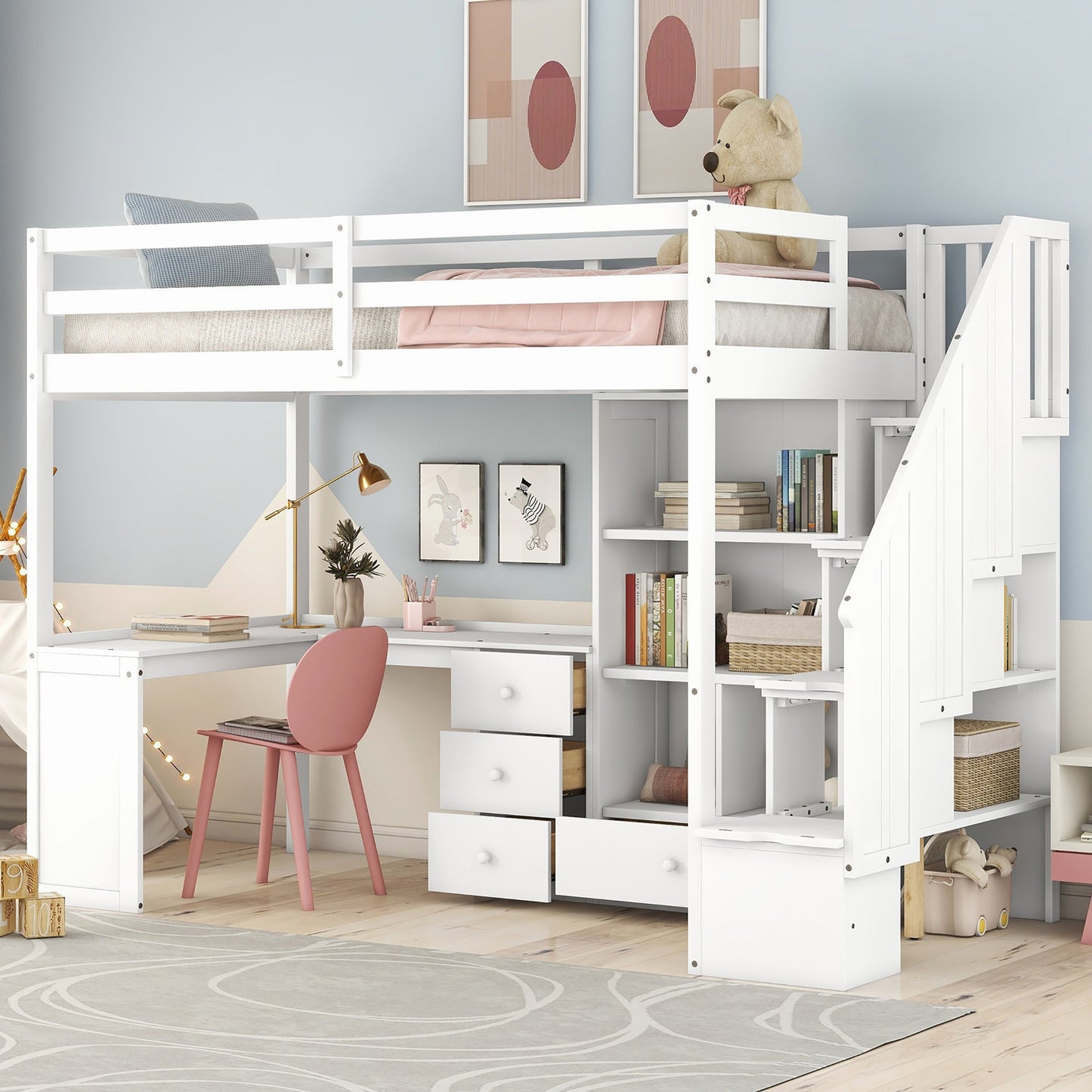 Twin Size Loft Bed with L-Shaped Desk and Drawers