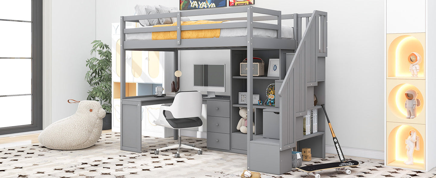 Twin Size Loft Bed with L-Shaped Desk and Drawers
