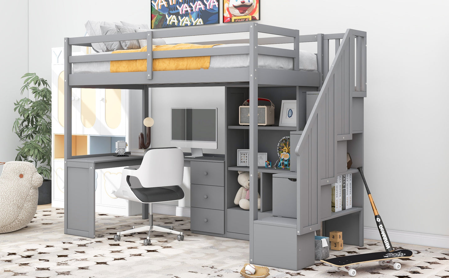 Twin Size Loft Bed with L-Shaped Desk and Drawers