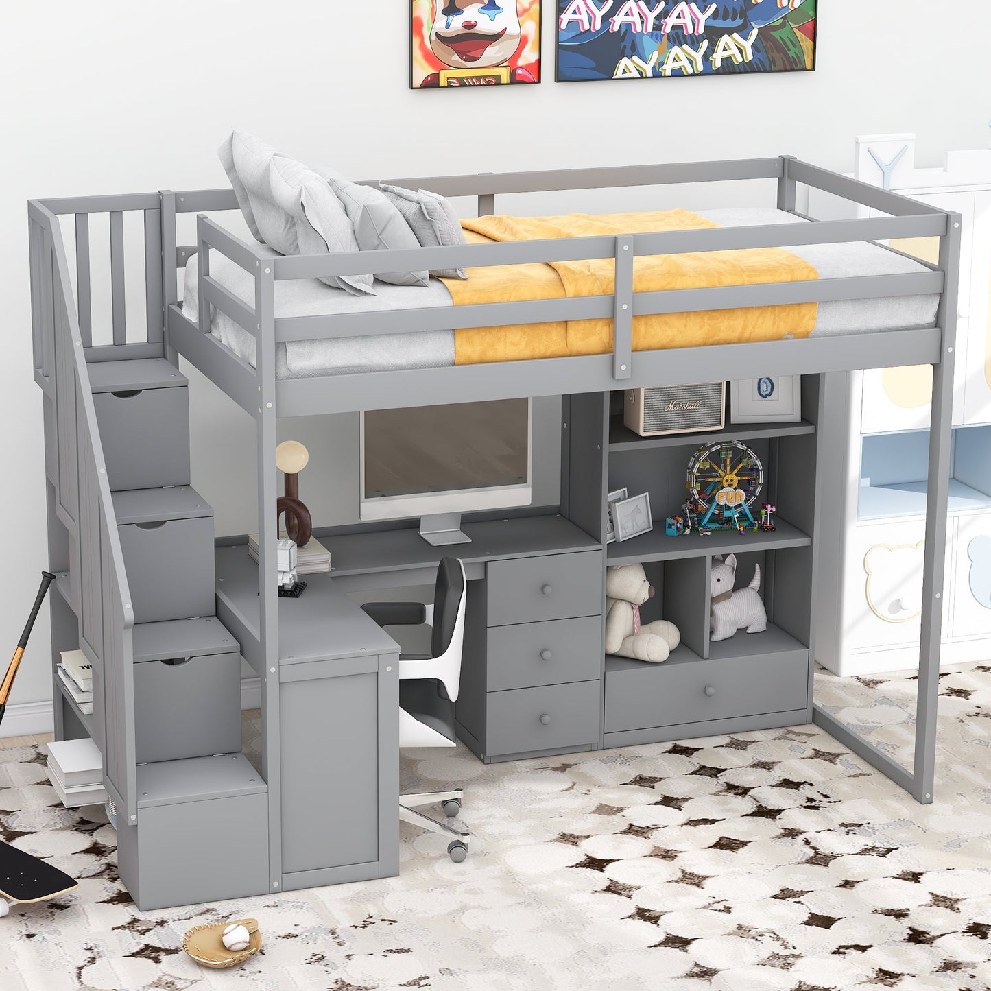 Twin Size Loft Bed with L-Shaped Desk and Drawers