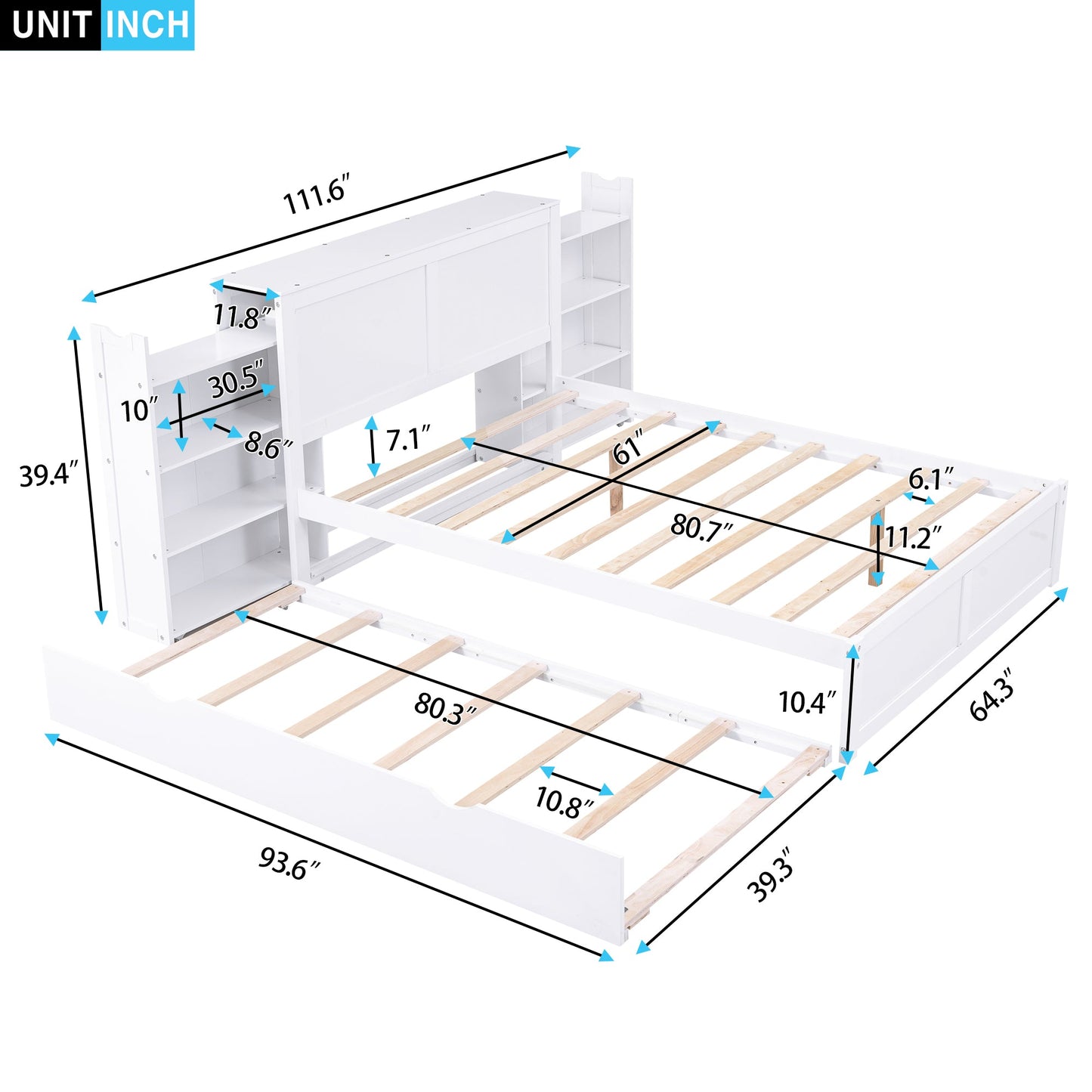 Queen Size Storage Platform Bed with Pull Out Shelves and Twin XL Size Trundle