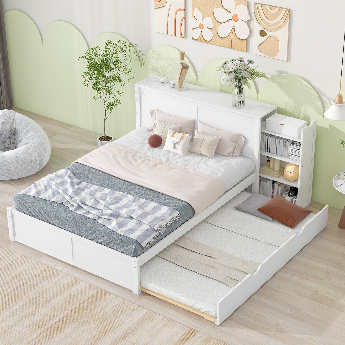 Queen Size Storage Platform Bed with Pull Out Shelves and Twin XL Size Trundle