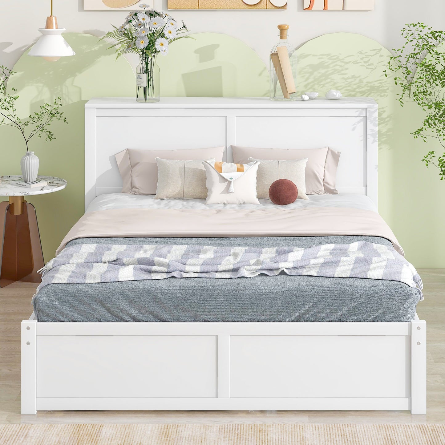 Queen Size Storage Platform Bed with Pull Out Shelves and Twin XL Size Trundle