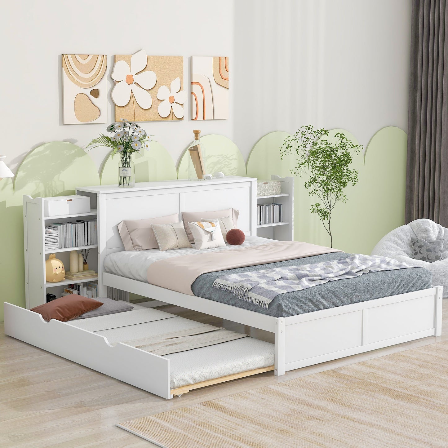 Queen Size Storage Platform Bed with Pull Out Shelves and Twin XL Size Trundle