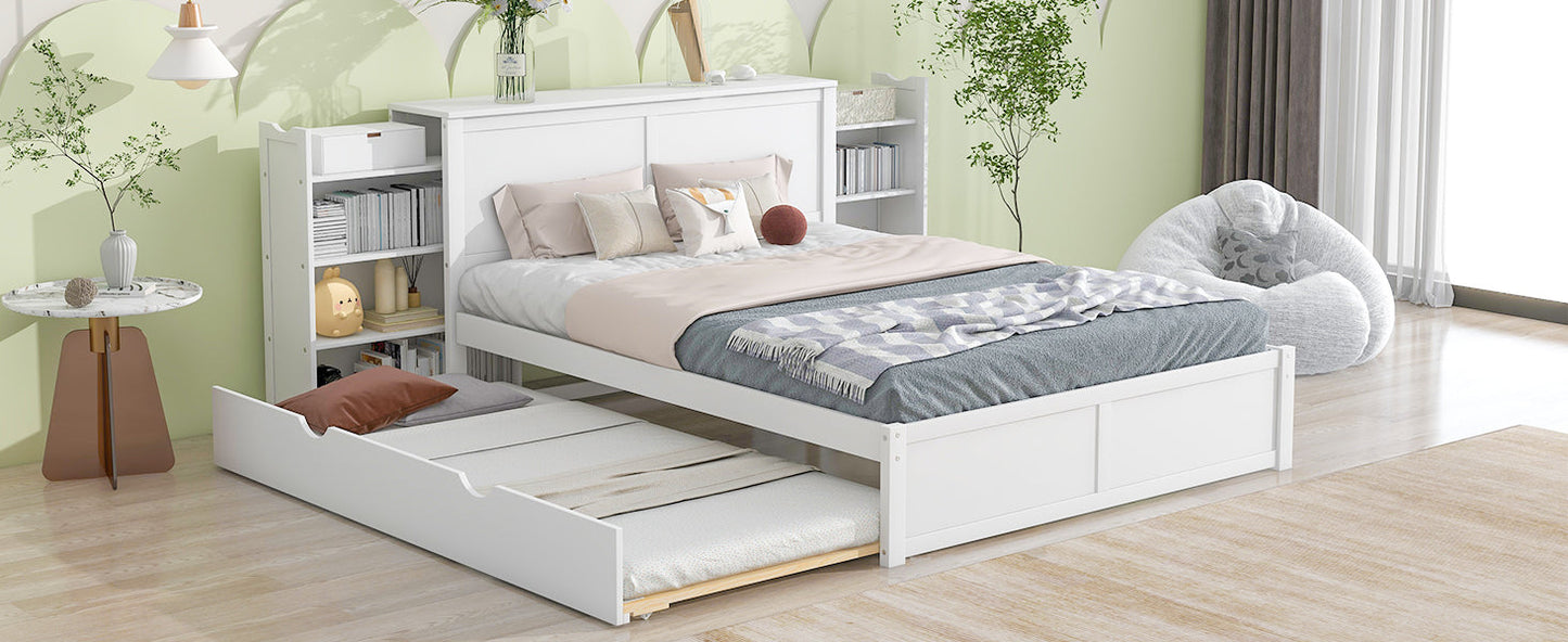 Queen Size Storage Platform Bed with Pull Out Shelves and Twin XL Size Trundle