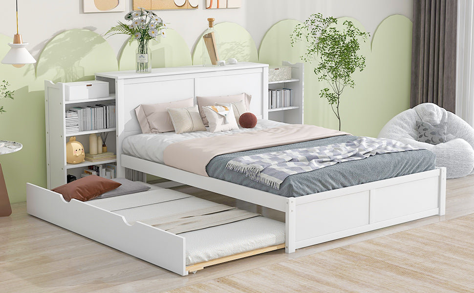 Queen Size Storage Platform Bed with Pull Out Shelves and Twin XL Size Trundle