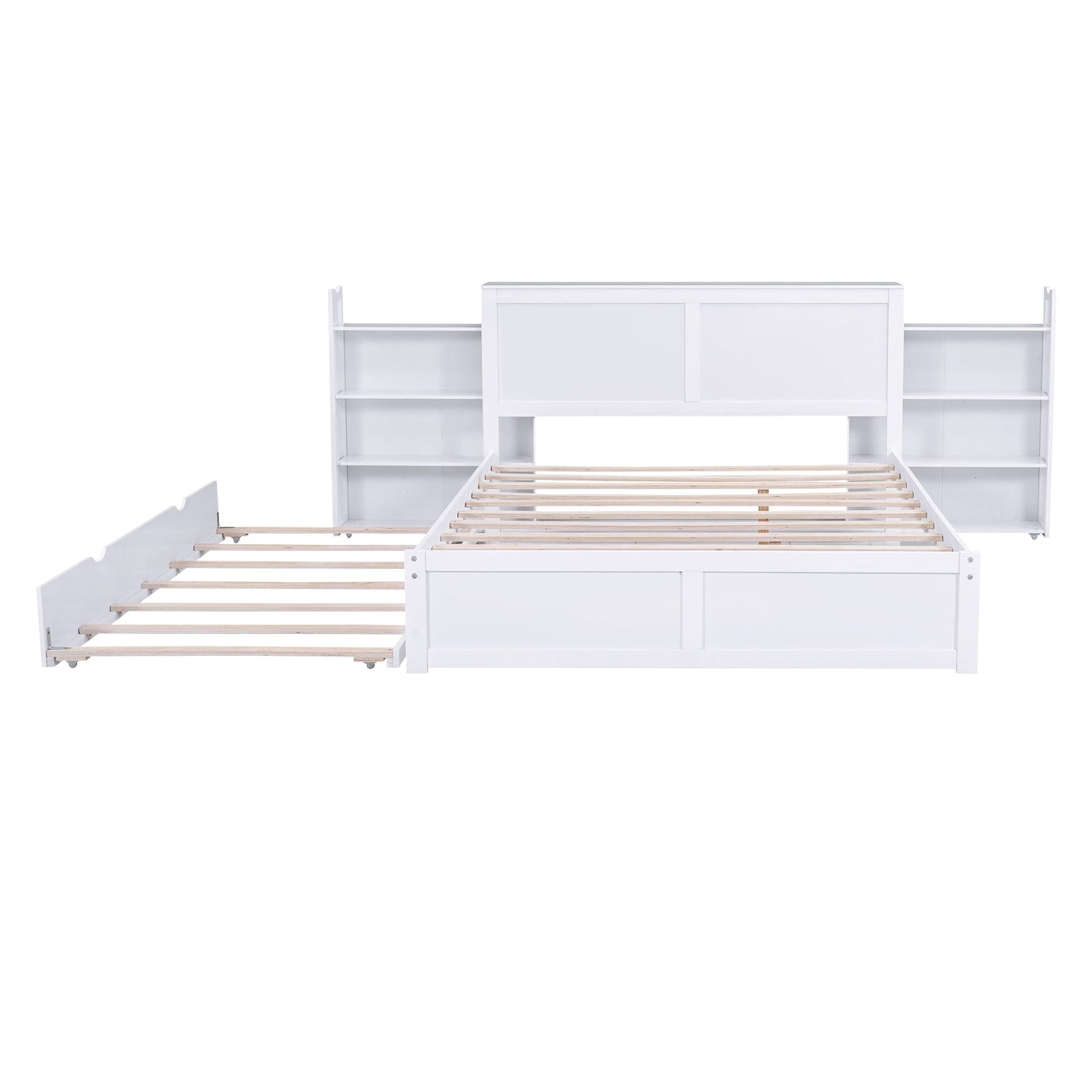 Queen Size Storage Platform Bed with Pull Out Shelves and Twin XL Size Trundle