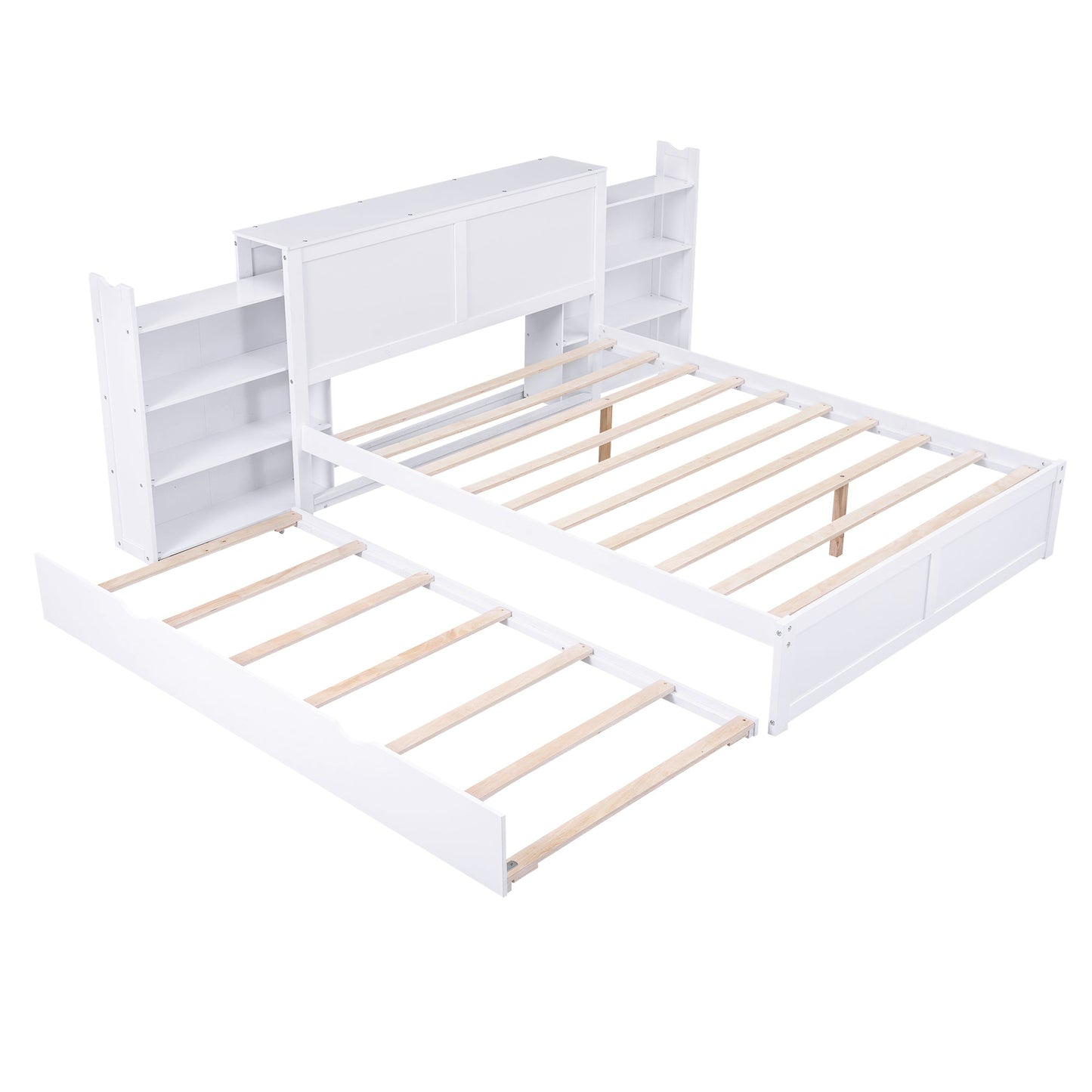 Queen Size Storage Platform Bed with Pull Out Shelves and Twin XL Size Trundle
