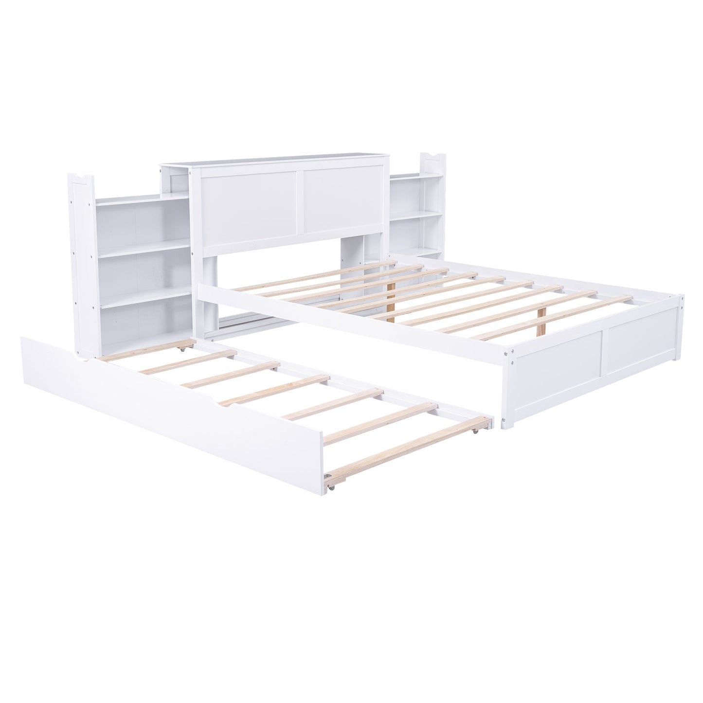 Queen Size Storage Platform Bed with Pull Out Shelves and Twin XL Size Trundle