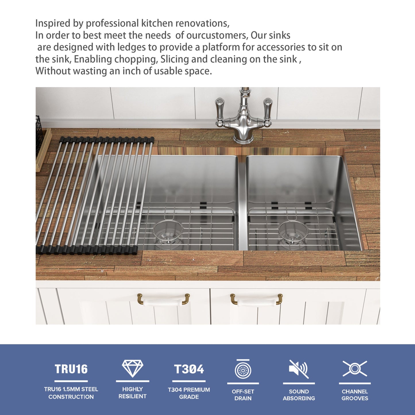 16 Gauge Stainless Steel Undermount Double Bowl Kitchen Sink