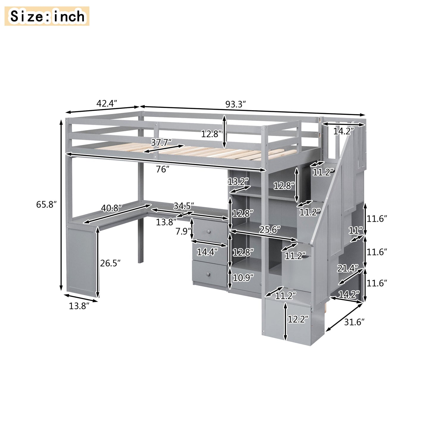 Twin Size Loft Bed with L-Shaped Desk and Drawers