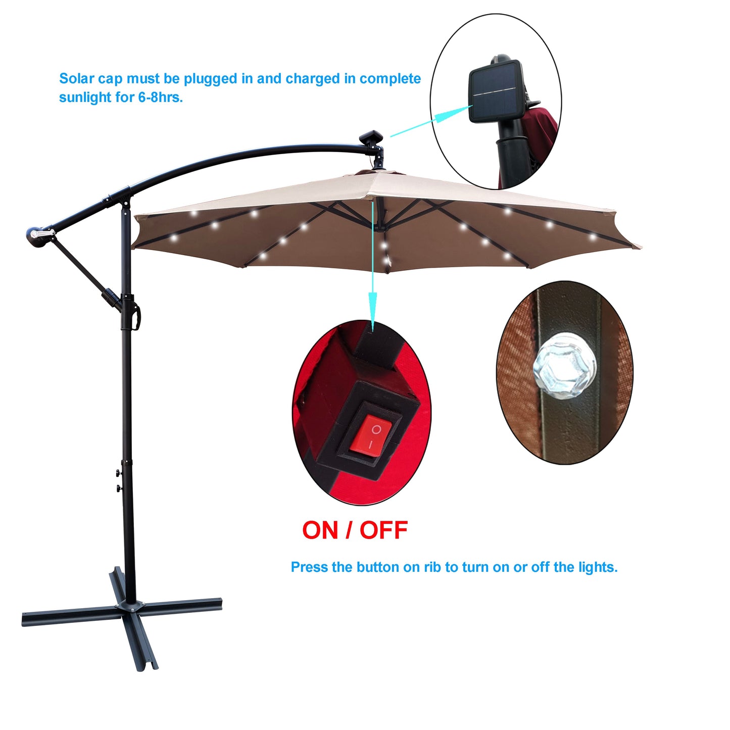 10 ft Outdoor Patio Umbrella With Solar Powered LEDs