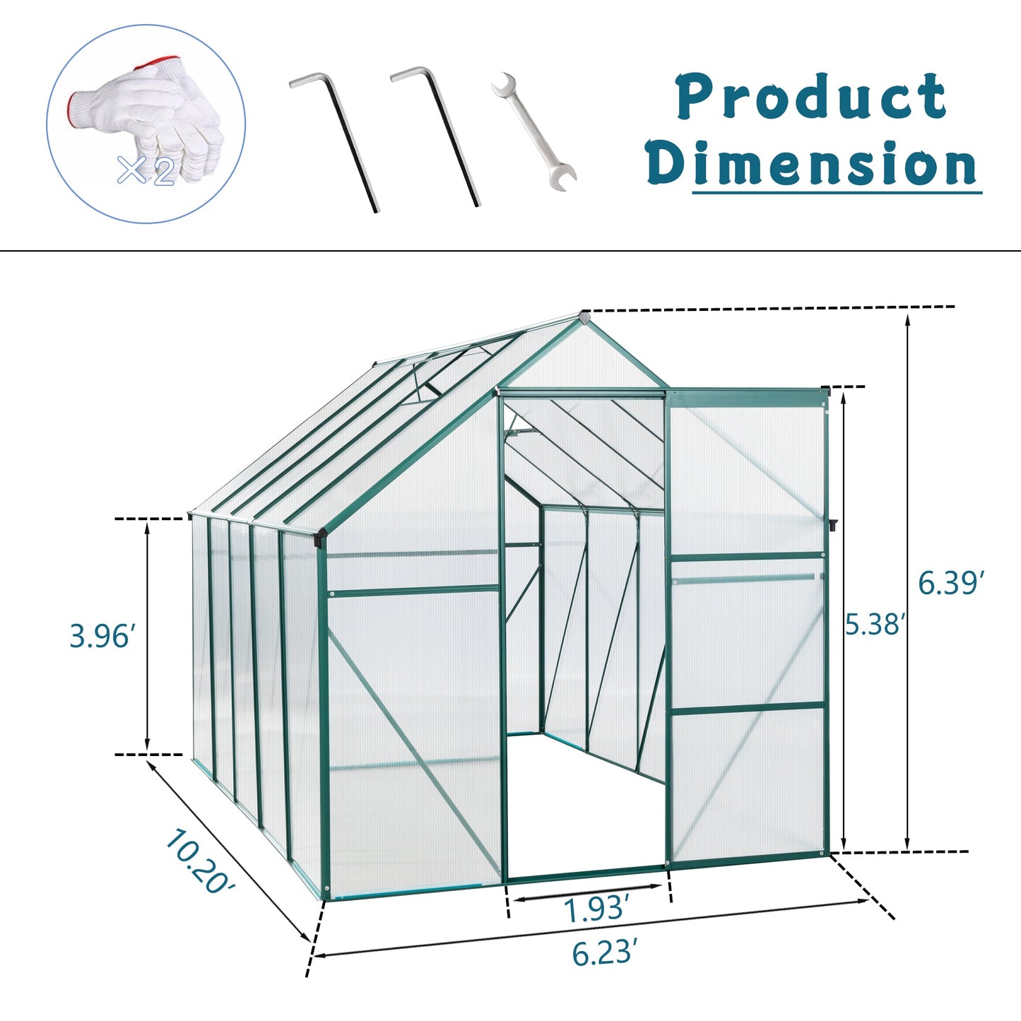 6X10FT Polycarbonate Greenhouse with Raised Base