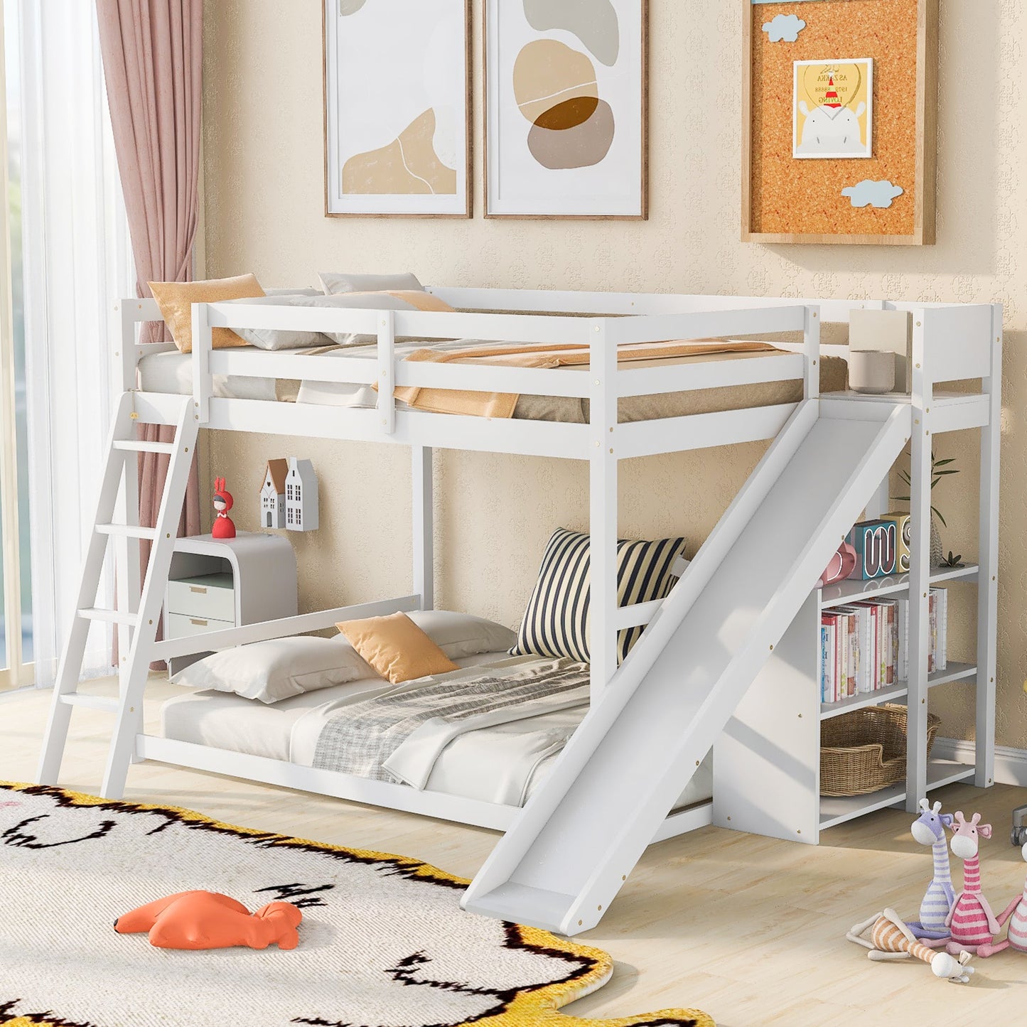 Full Over Full Bunk Bed with Ladder, Slide and Shelves