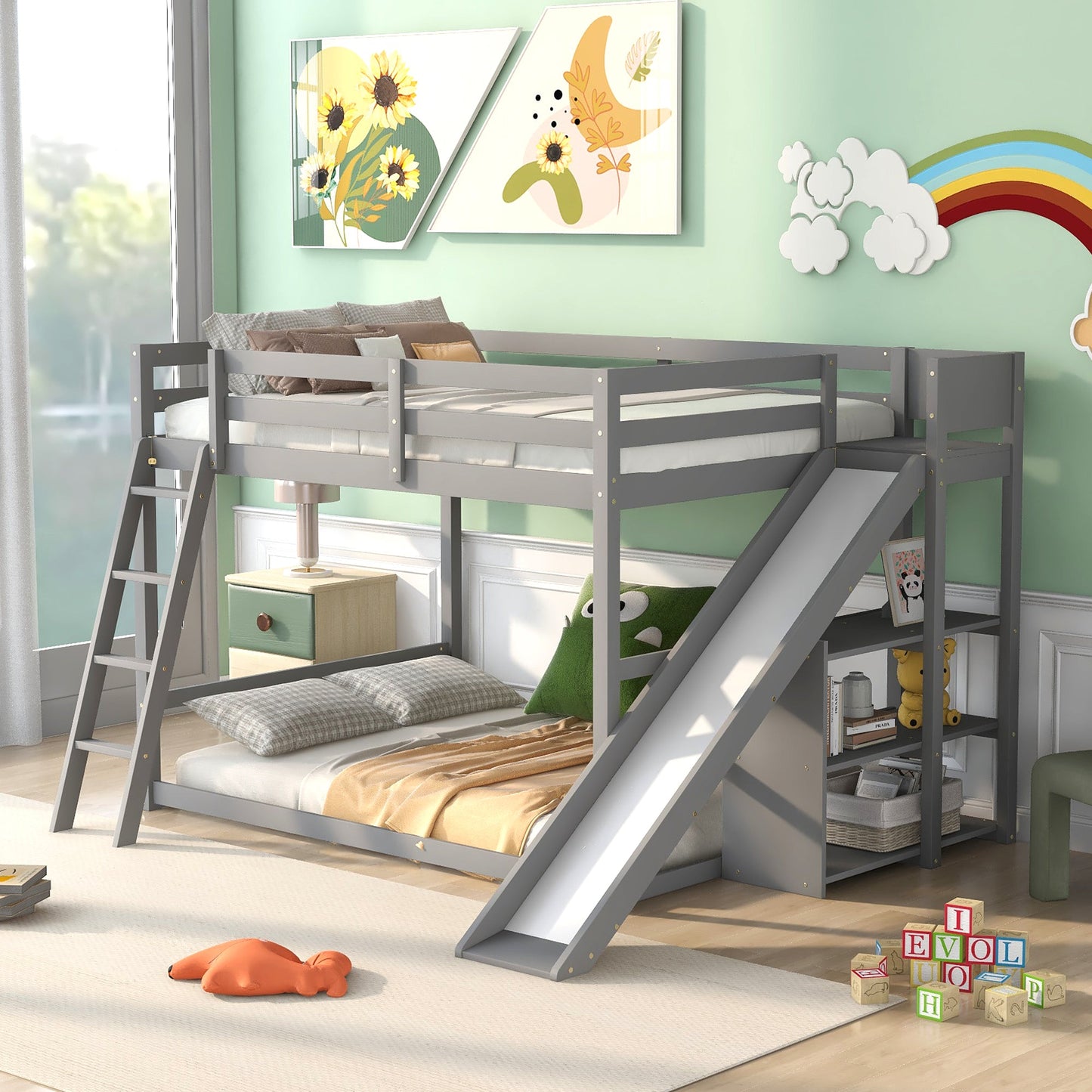 Full Over Full Bunk Bed with Ladder, Slide and Shelves