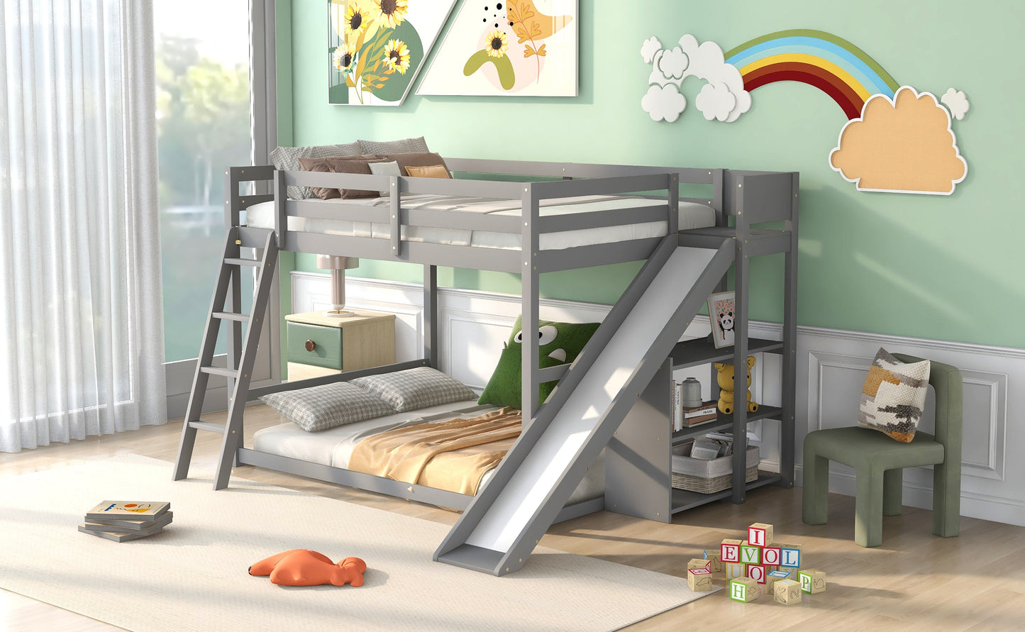 Full Over Full Bunk Bed with Ladder, Slide and Shelves