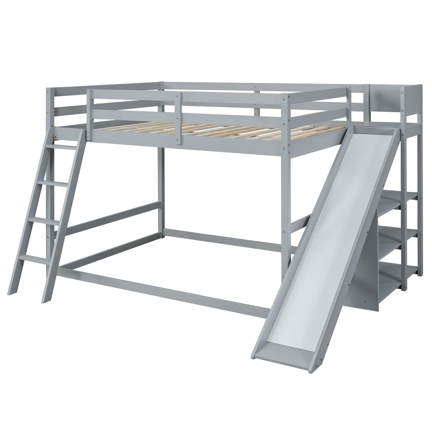 Full Over Full Bunk Bed with Ladder, Slide and Shelves