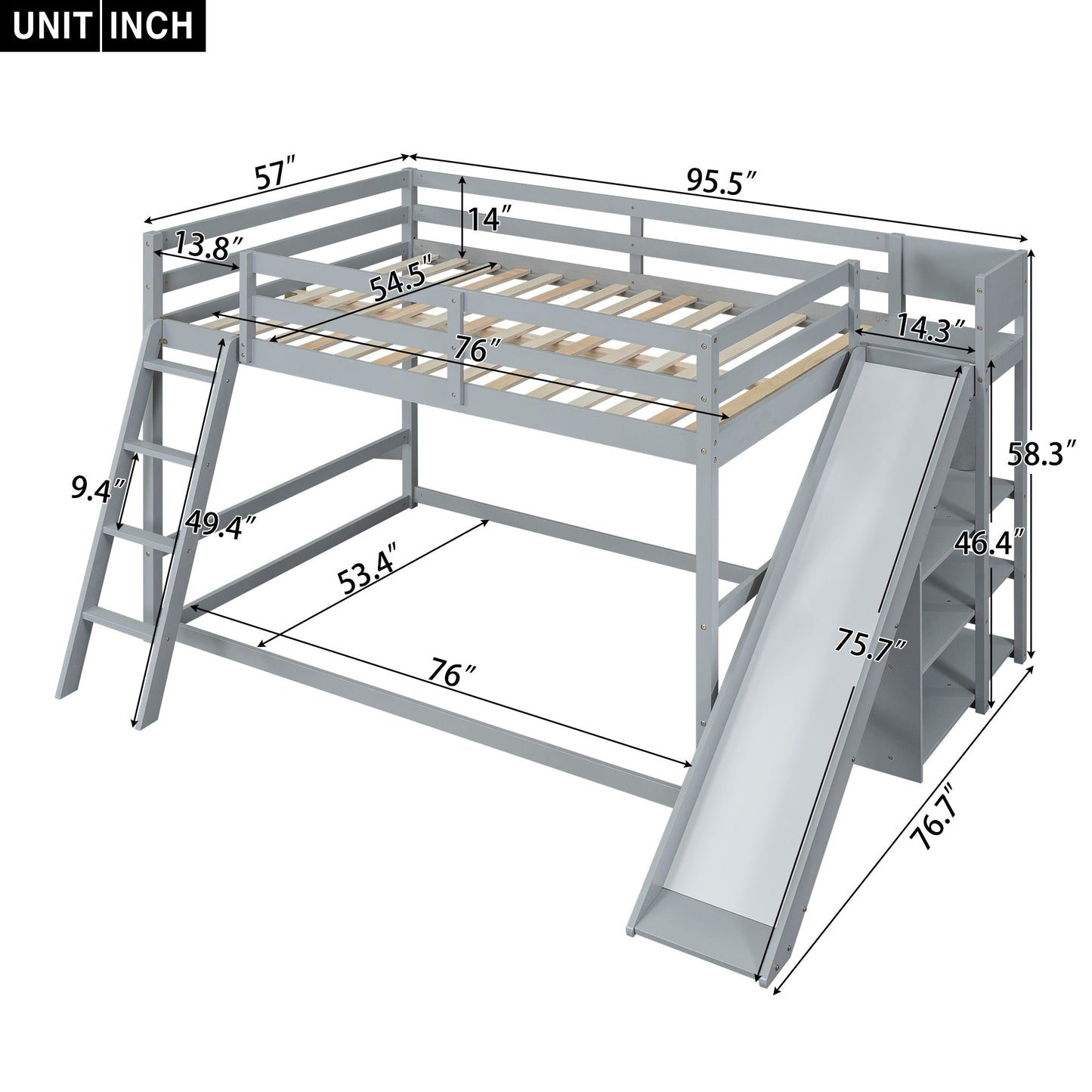 Full Over Full Bunk Bed with Ladder, Slide and Shelves