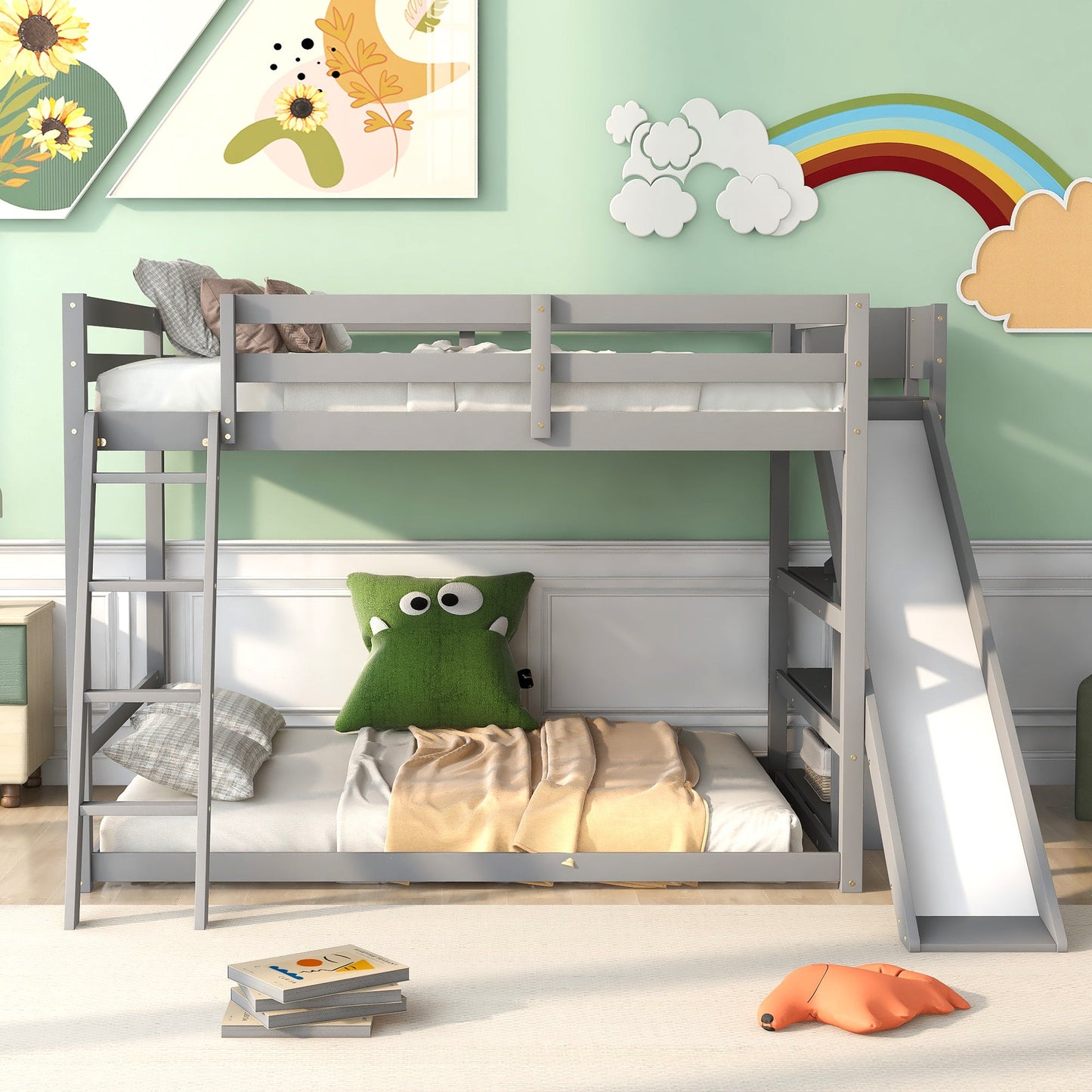 Full Over Full Bunk Bed with Ladder, Slide and Shelves