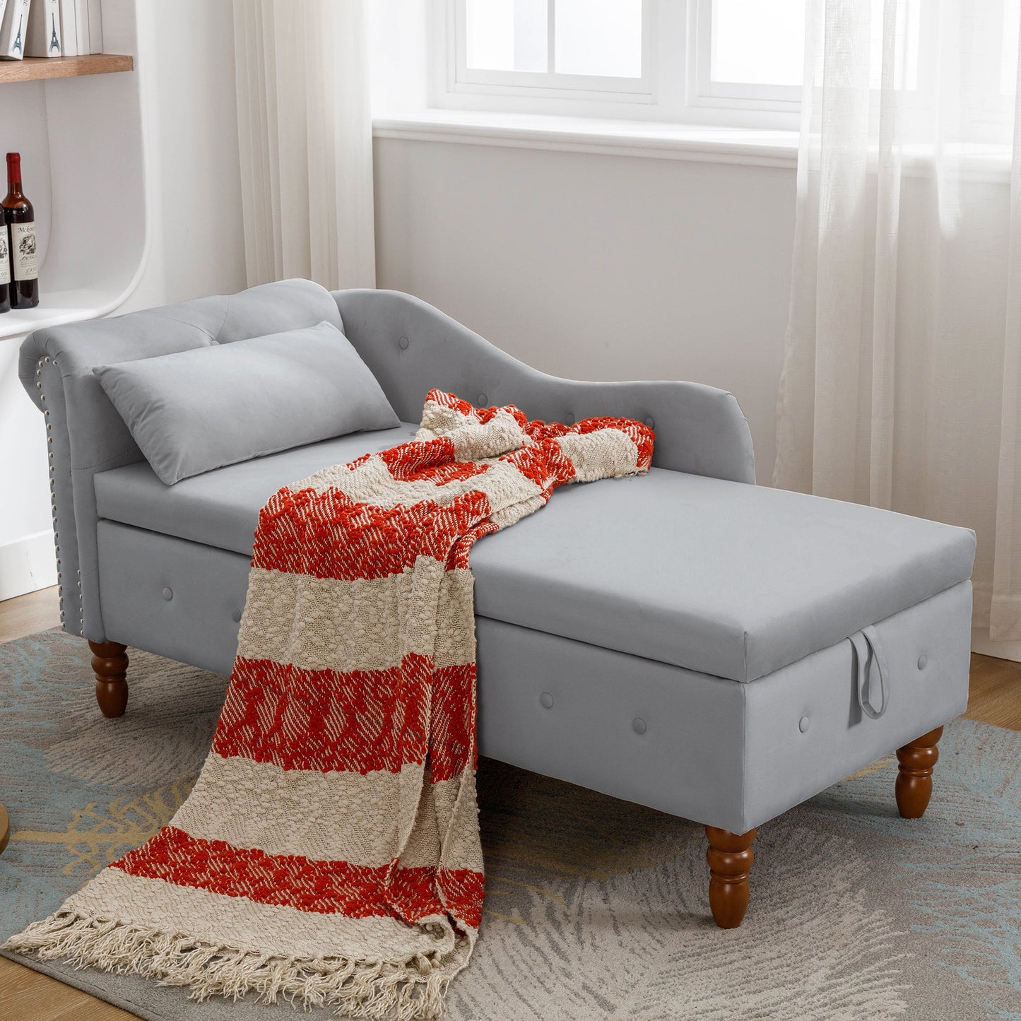 Grey Velvet Chaise Lounge with Storage
