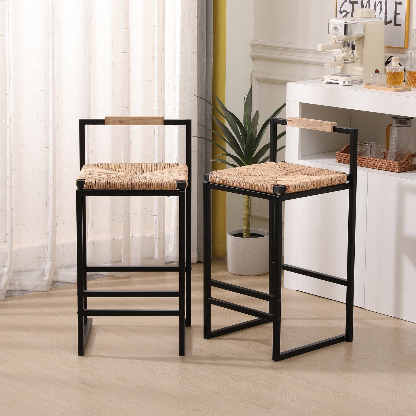 Set of 2 Water Hyacinth Woven Bar Stools with Back Support