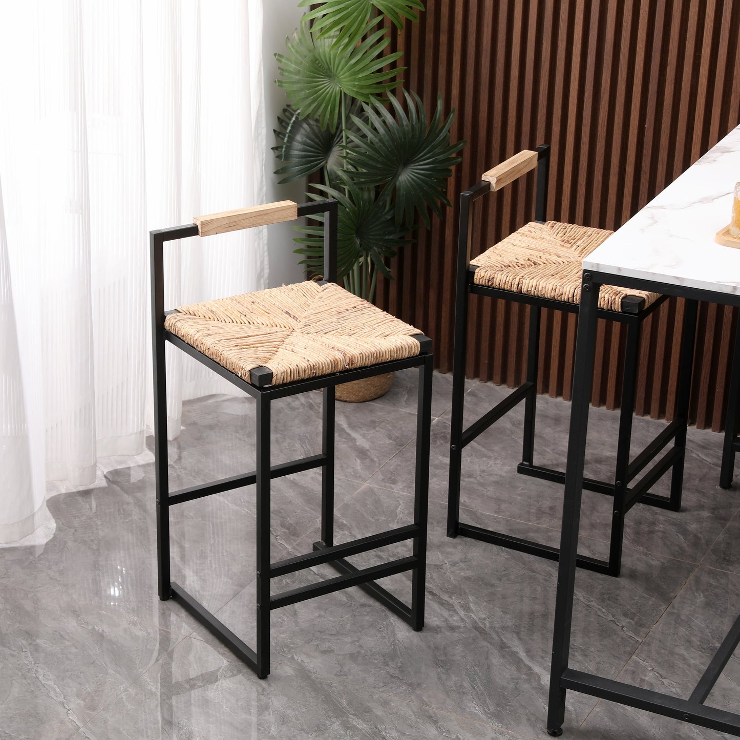 Set of 2 Water Hyacinth Woven Bar Stools with Back Support