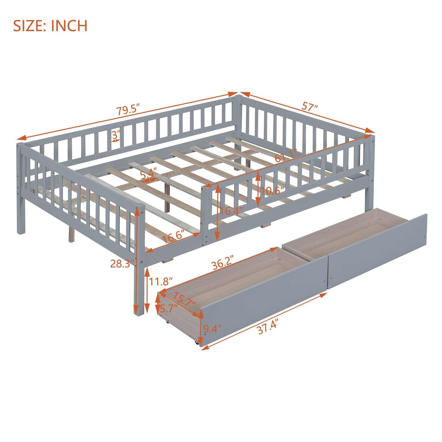 Full Size Daybed Wood Bed with Two Drawers