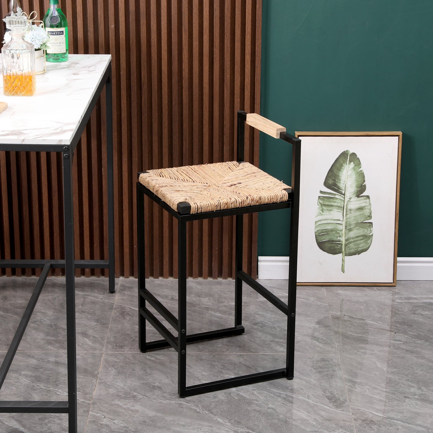 Set of 2 Water Hyacinth Woven Bar Stools with Back Support