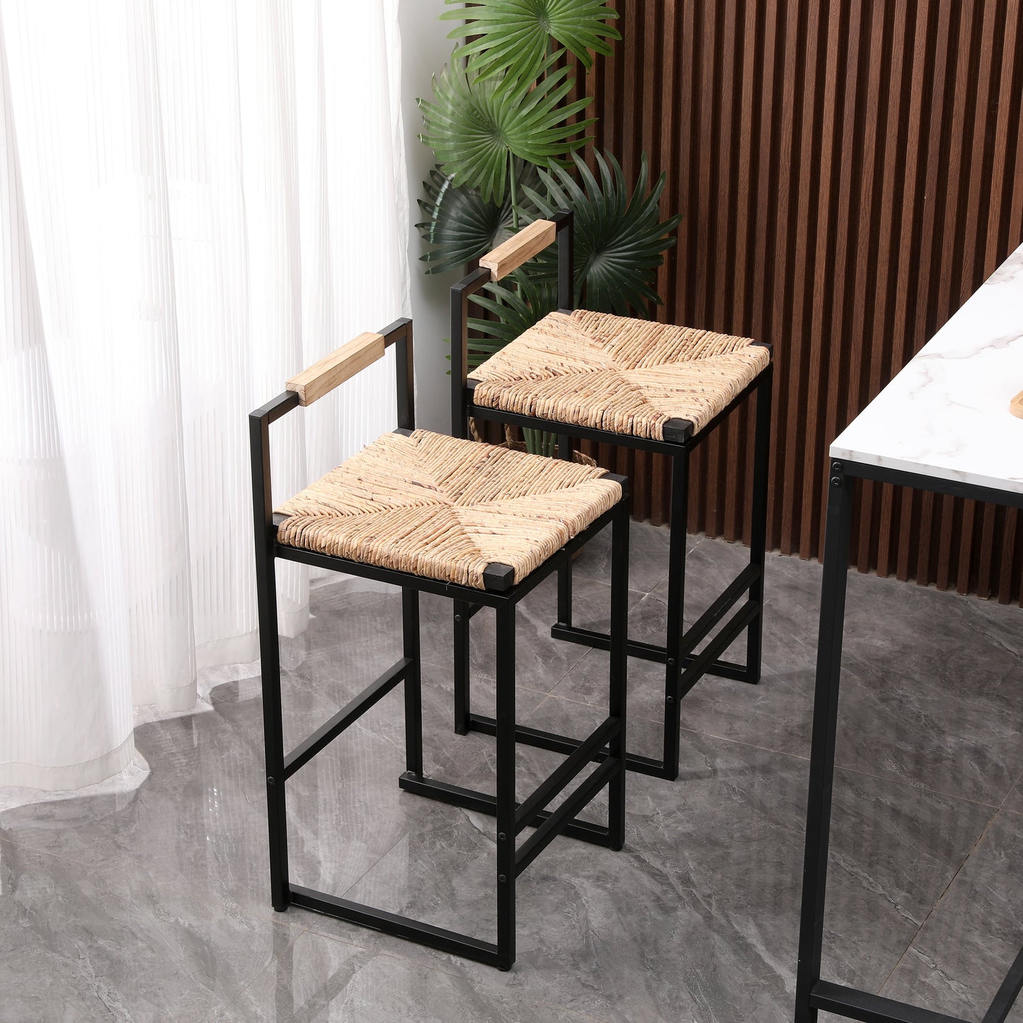 Set of 2 Water Hyacinth Woven Bar Stools with Back Support