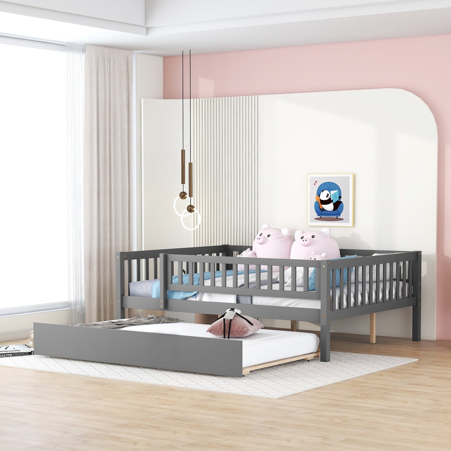 Full Size Wood Daybed with Trundle and Fence Guardrails