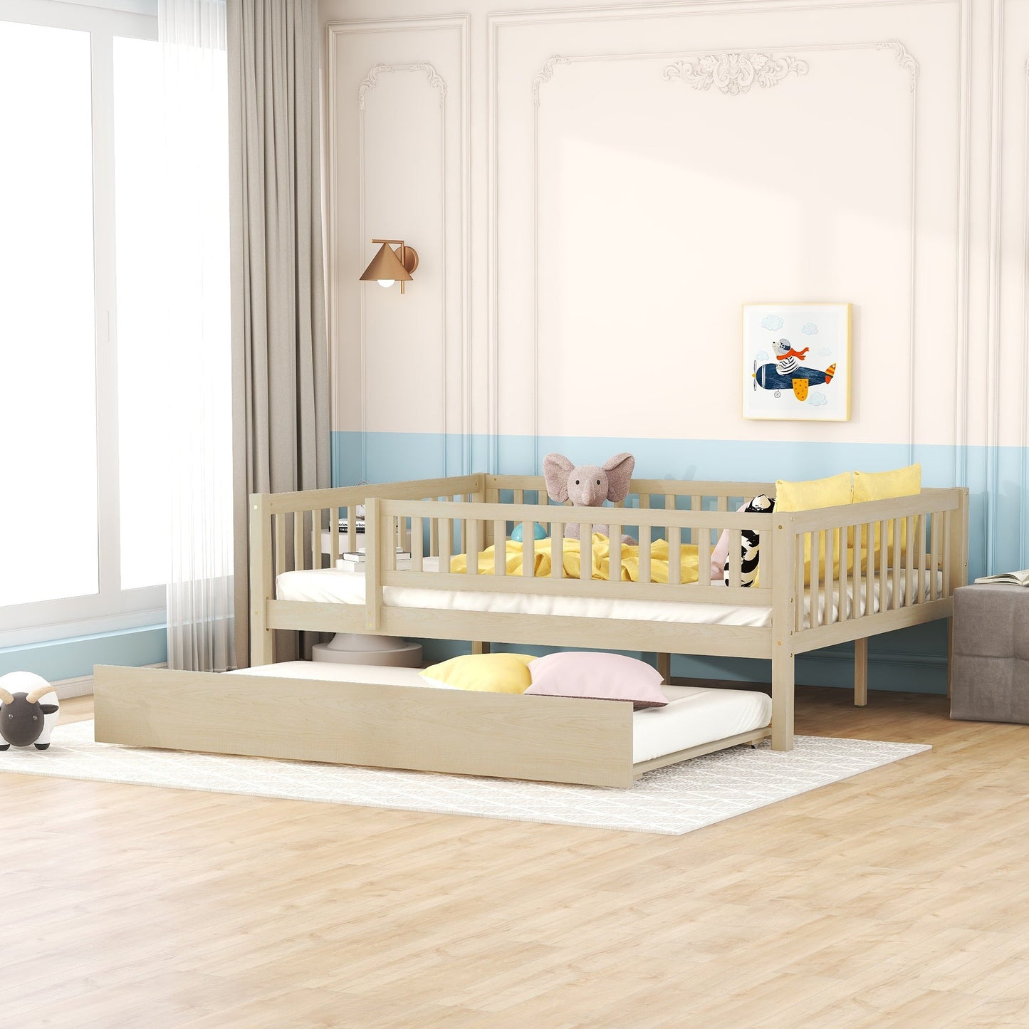 Full Size Wood Daybed with Trundle and Fence Guardrails