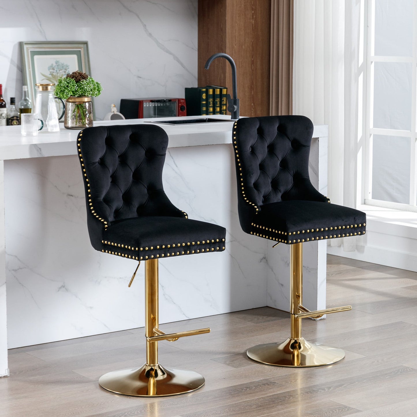Thick Golden Swivel Velvet Barstools - Set of 2