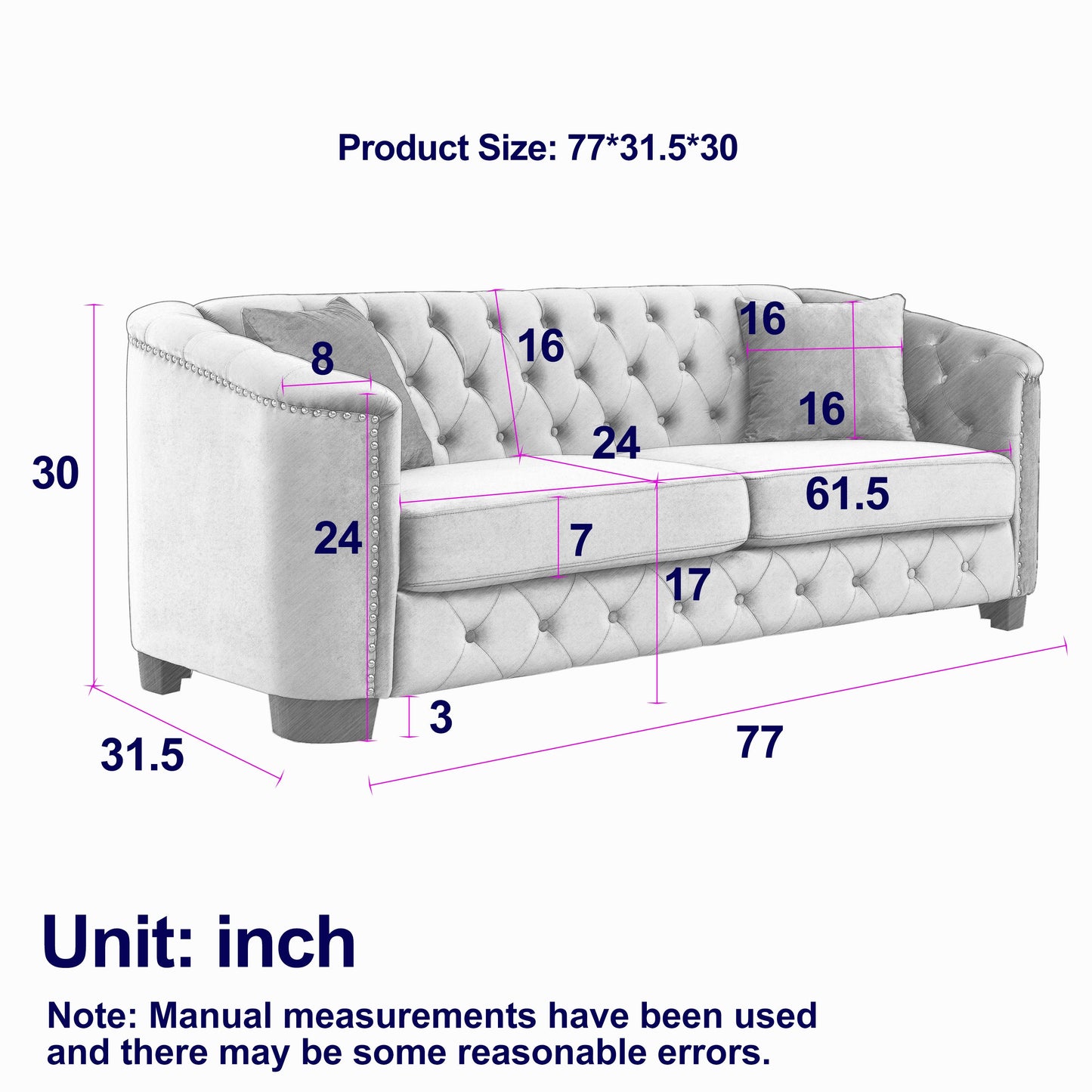 77-Inch Modern Chesterfield Velvet Sofa
