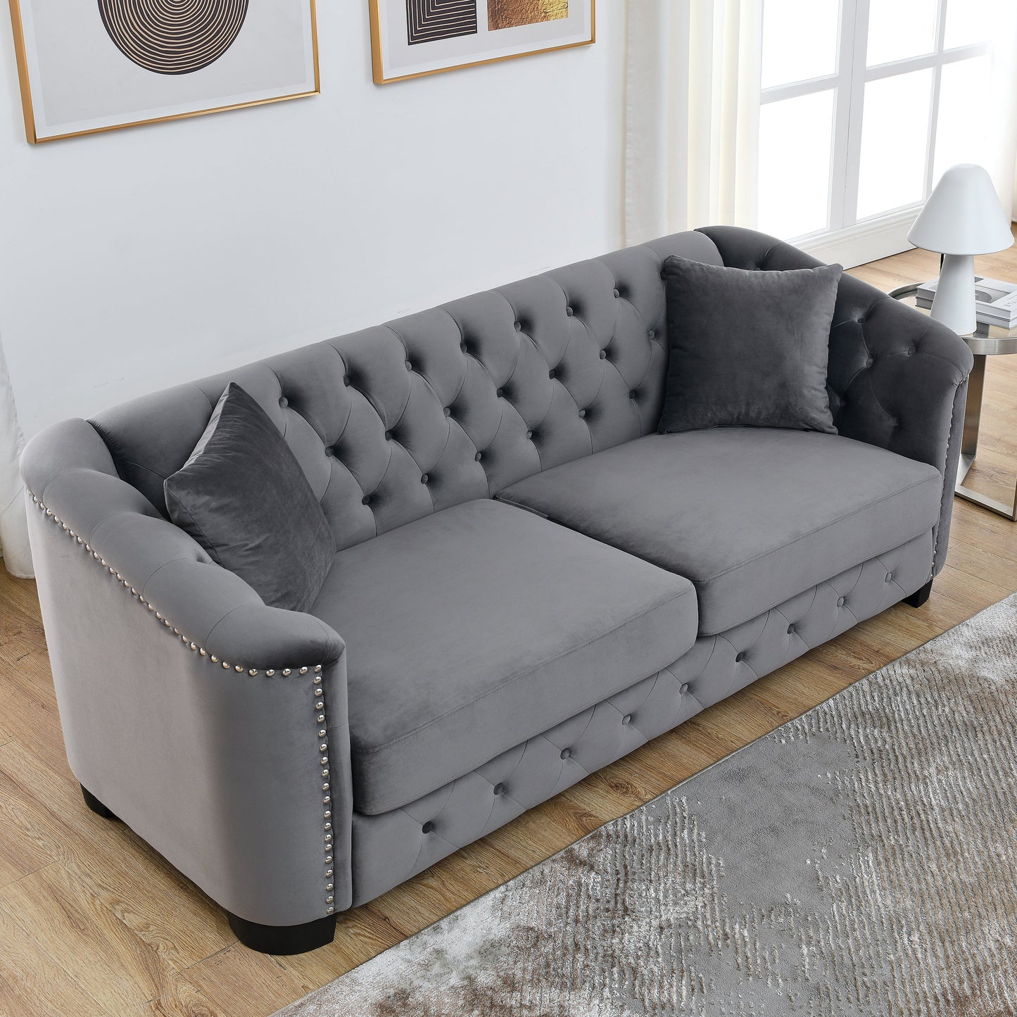 77-Inch Modern Chesterfield Velvet Sofa