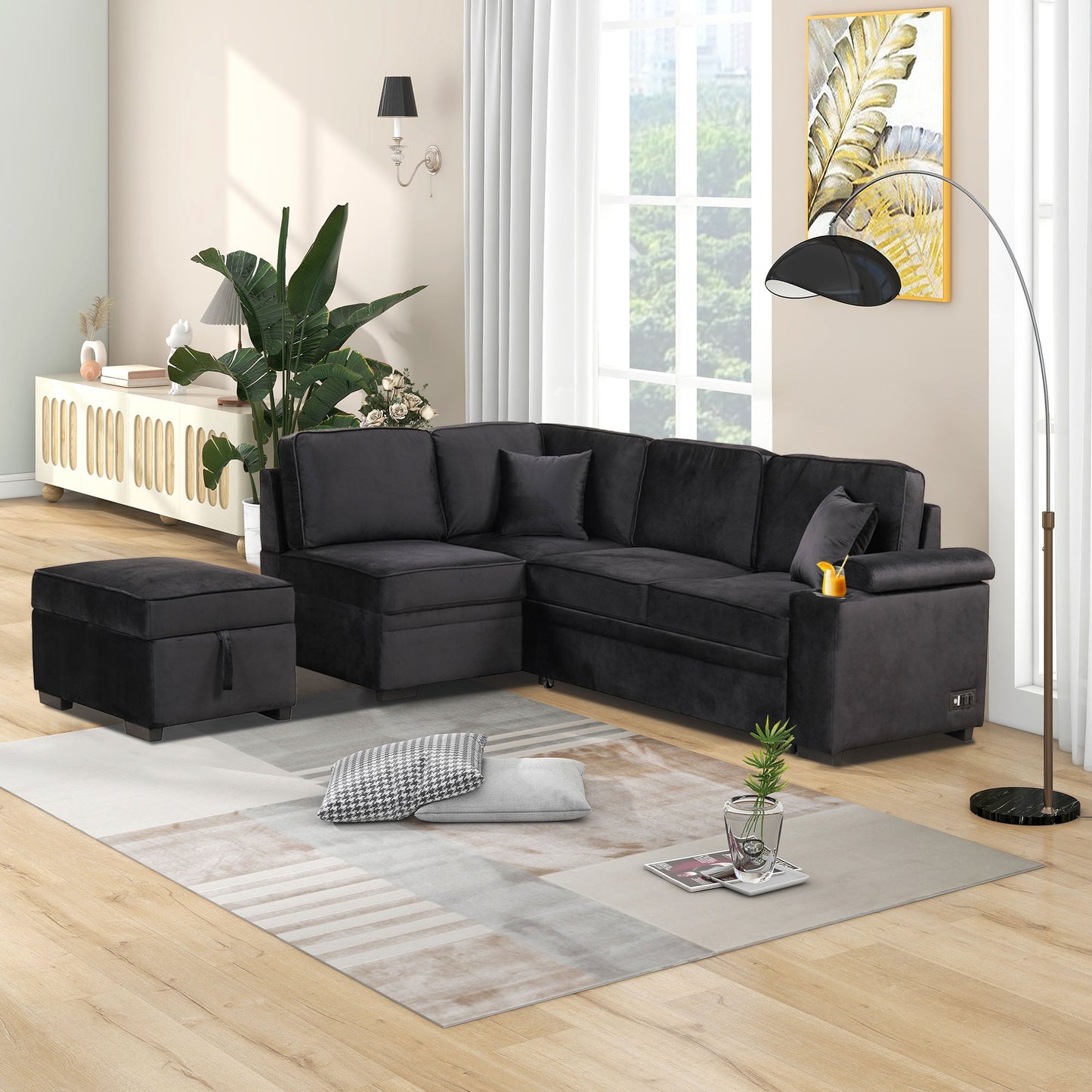 84.75" Sleeper Sofa Bed with Storage Ottoman