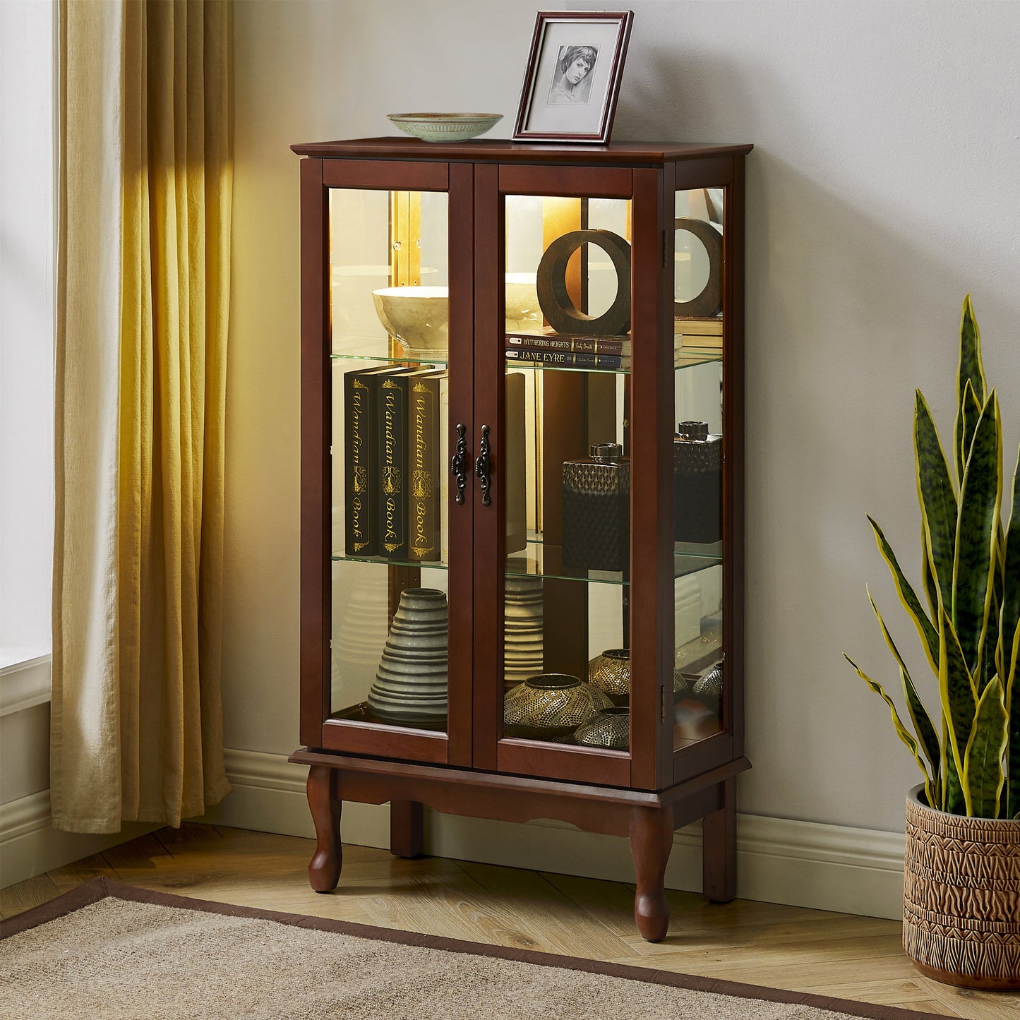 Lighted Curio Cabinet with Adjustable Shelves and Mirrored Back Panel