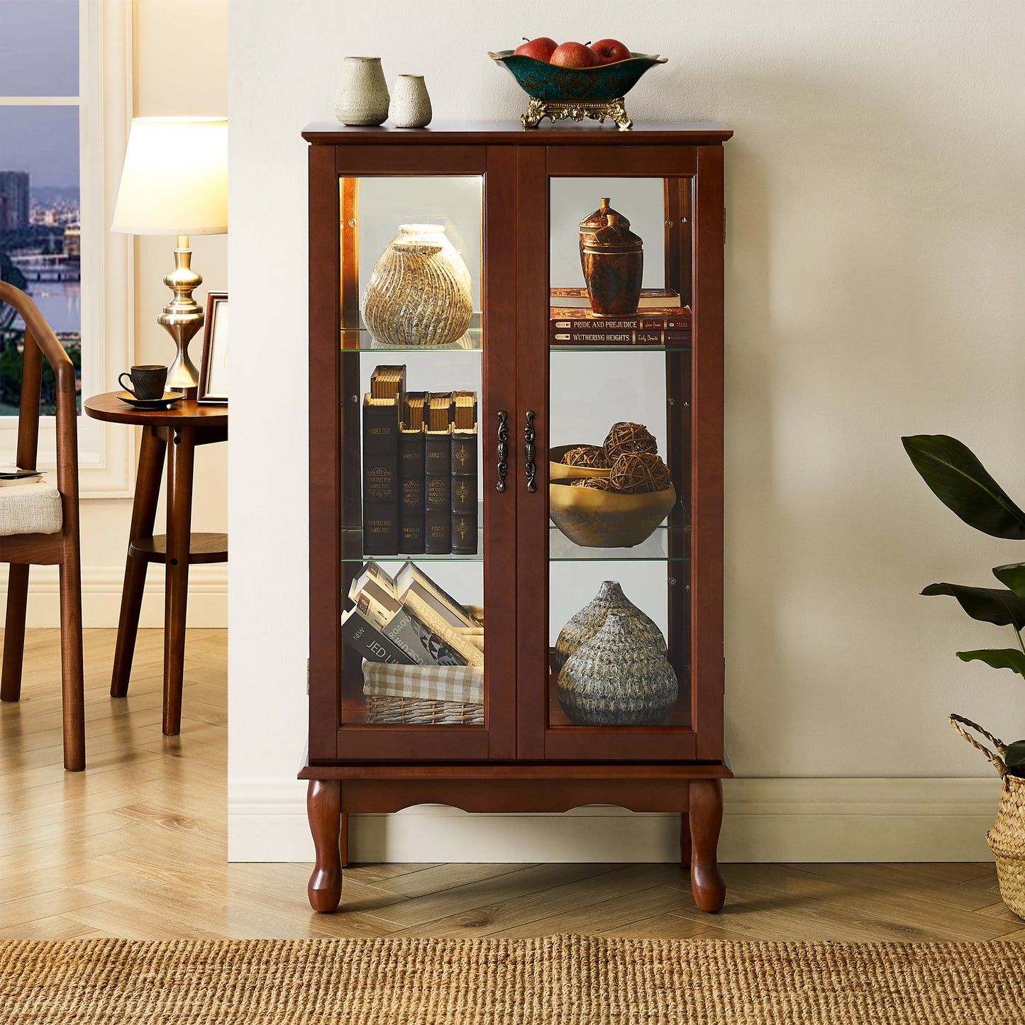 Lighted Curio Cabinet with Adjustable Shelves and Mirrored Back Panel