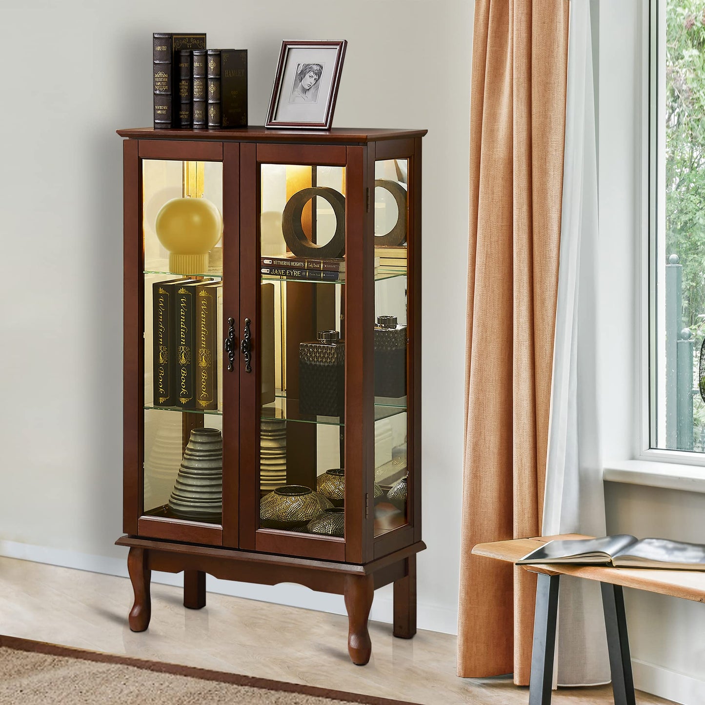 Lighted Curio Cabinet with Adjustable Shelves and Mirrored Back Panel