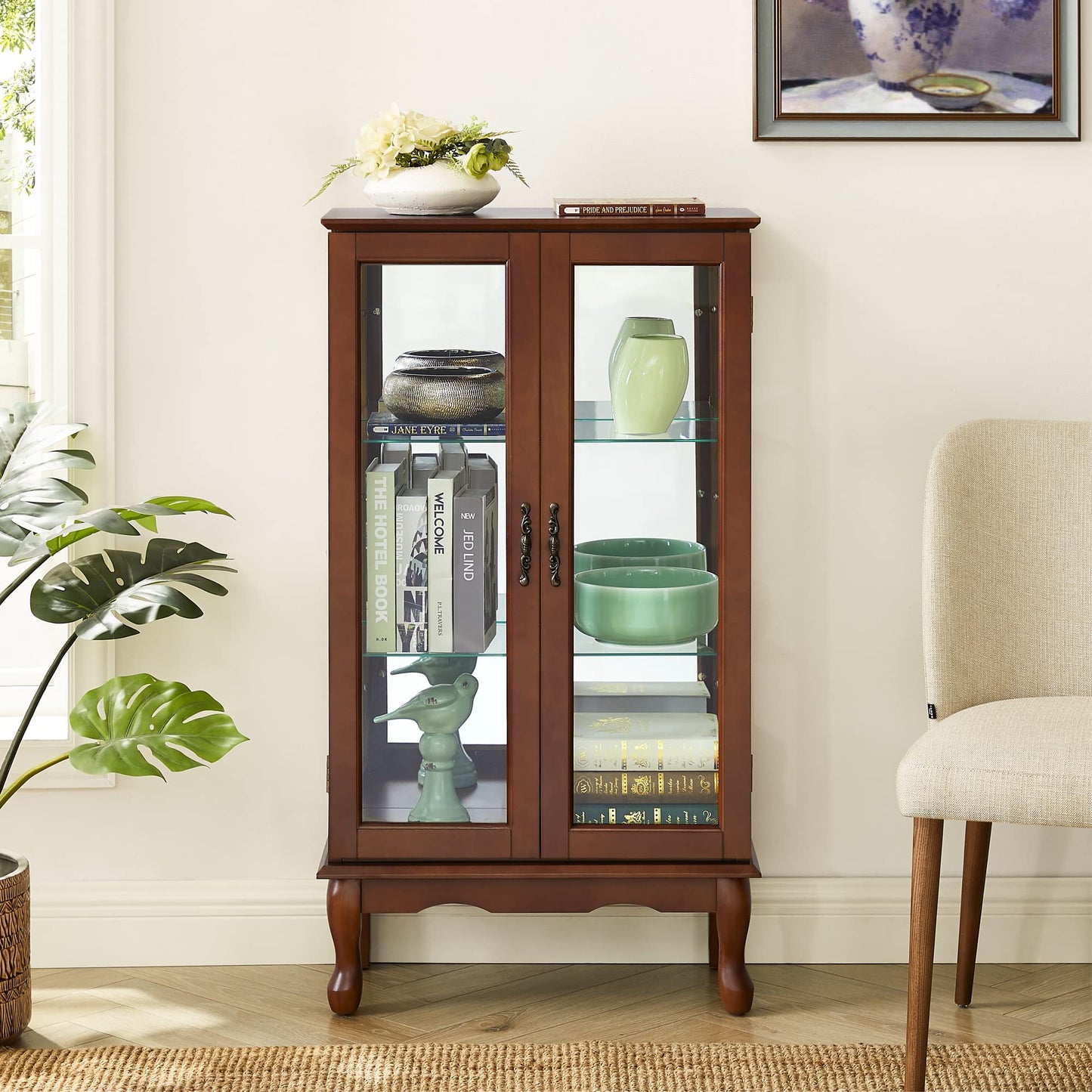 Lighted Curio Cabinet with Adjustable Shelves and Mirrored Back Panel